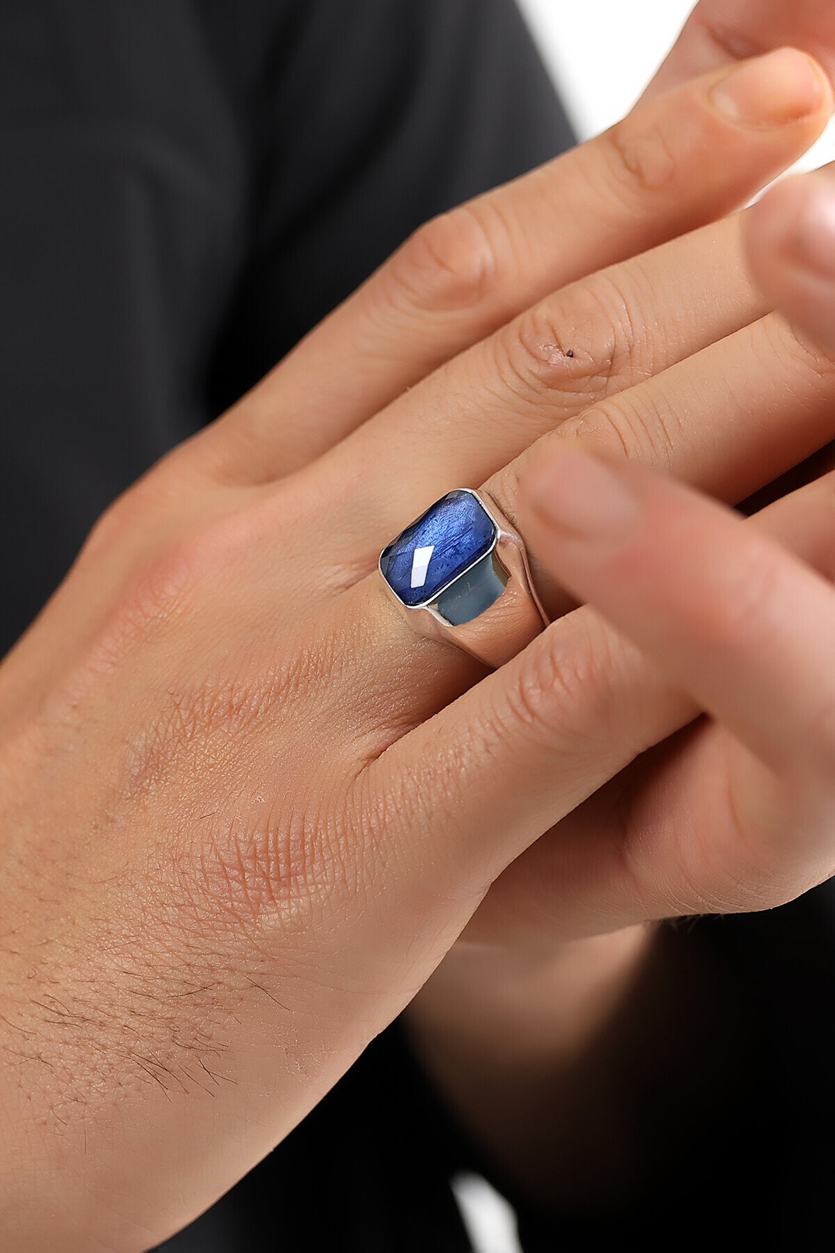 Gümüş Mavi Taşlı Kare Kesim  Şövalye Yüzük 