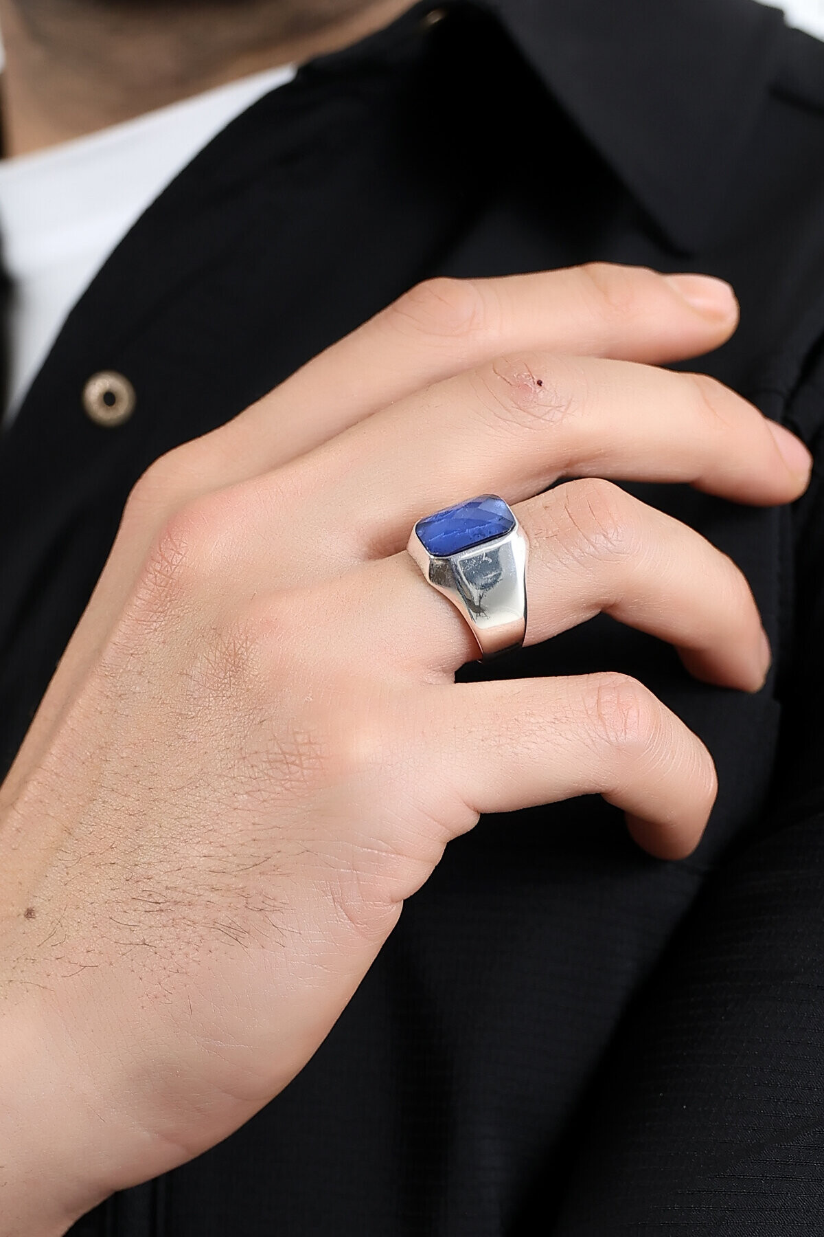 Gümüş Mavi Taşlı Kare Kesim  Şövalye Yüzük 