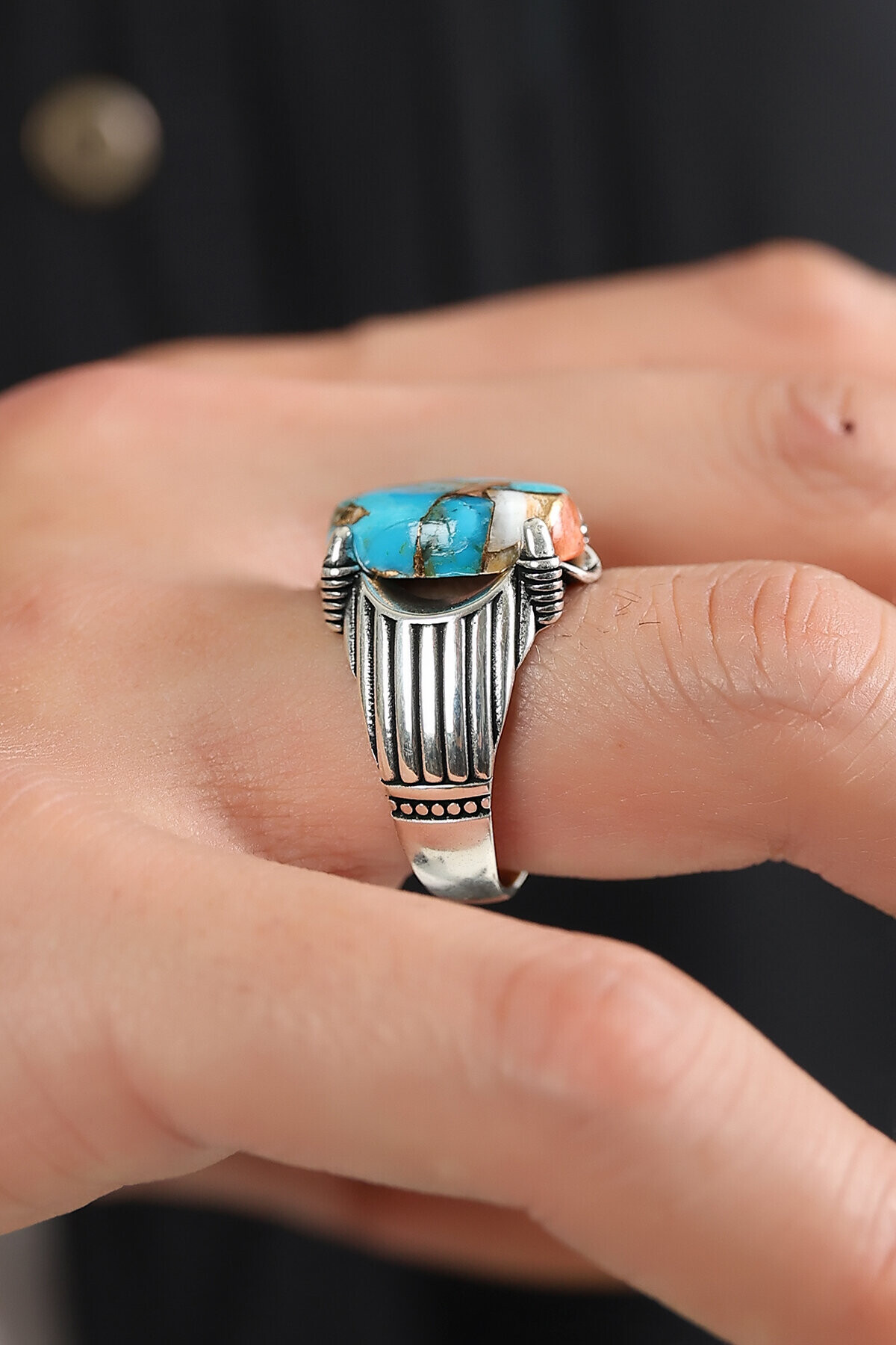 Gümüş Meksika Turkuazı Taşlı Yüzük 