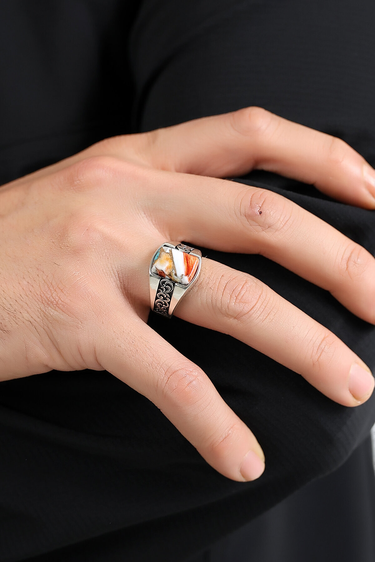 Gümüş Mercan Taşlı İtalyan Yüzük 