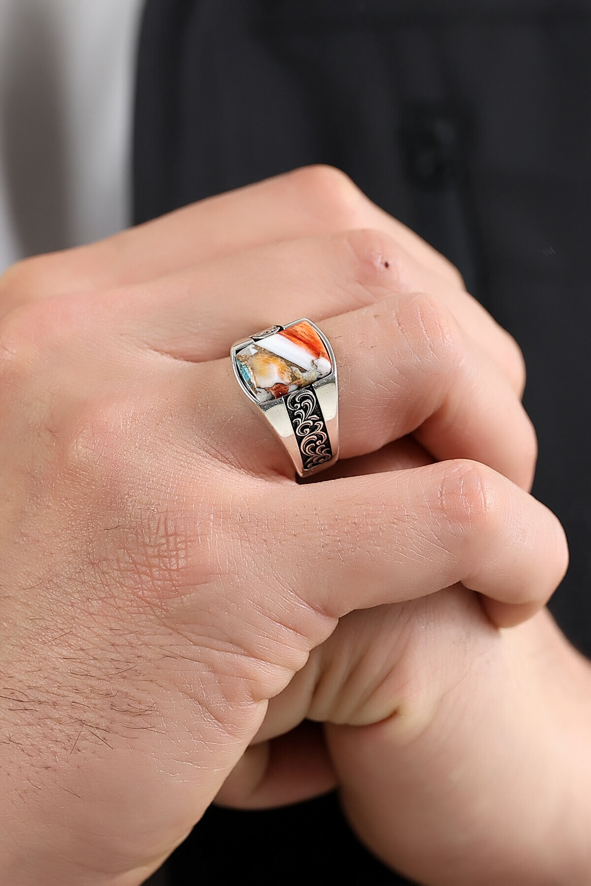 Gümüş Mercan Taşlı İtalyan Yüzük 