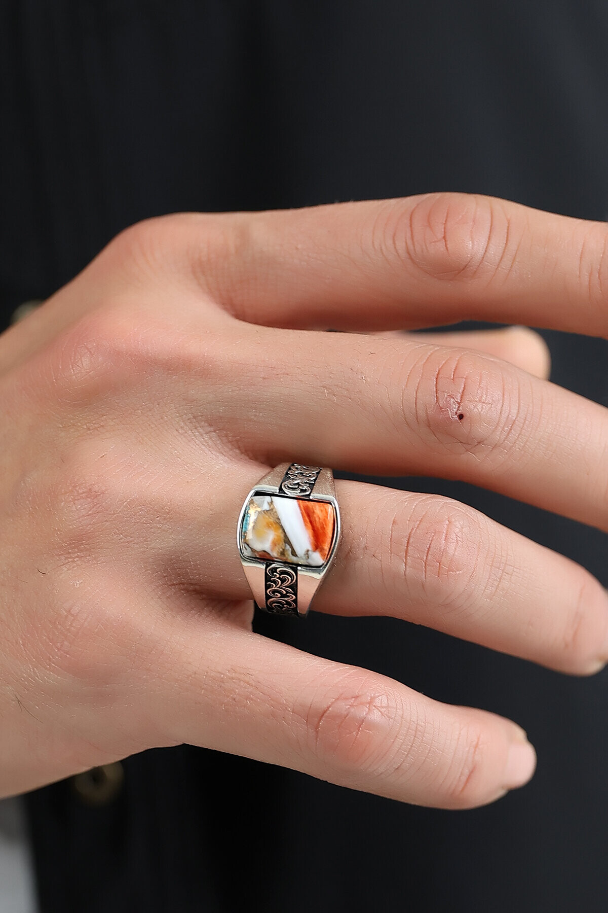 Gümüş Mercan Taşlı İtalyan Yüzük 