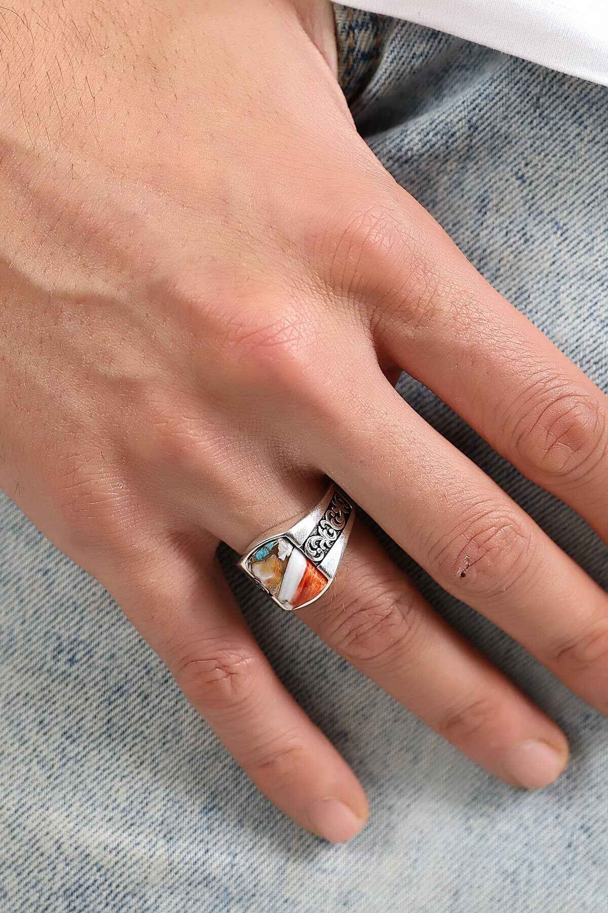 Gümüş Mercan Taşlı İtalyan Yüzük 