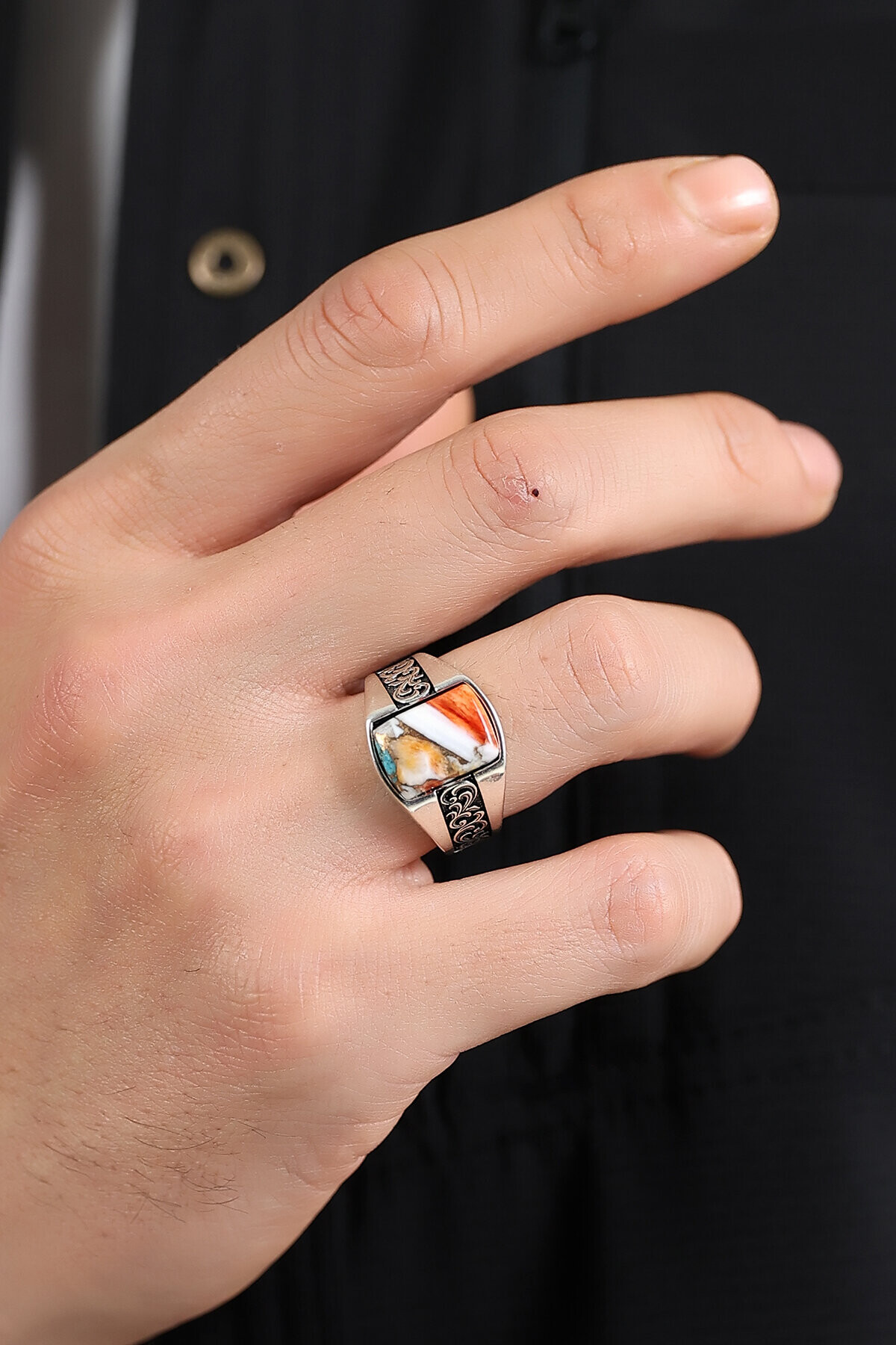 Gümüş Mercan Taşlı İtalyan Yüzük 