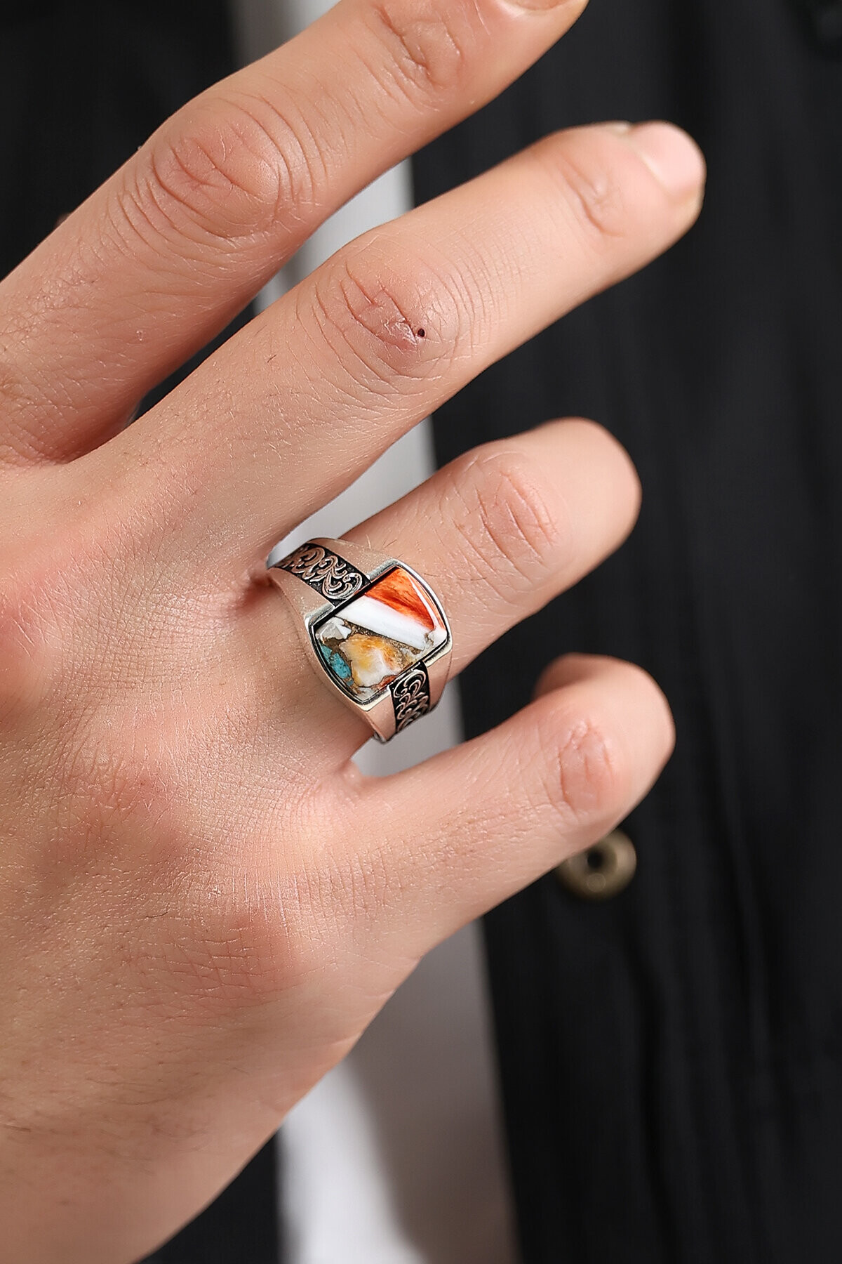 Gümüş Mercan Taşlı İtalyan Yüzük 