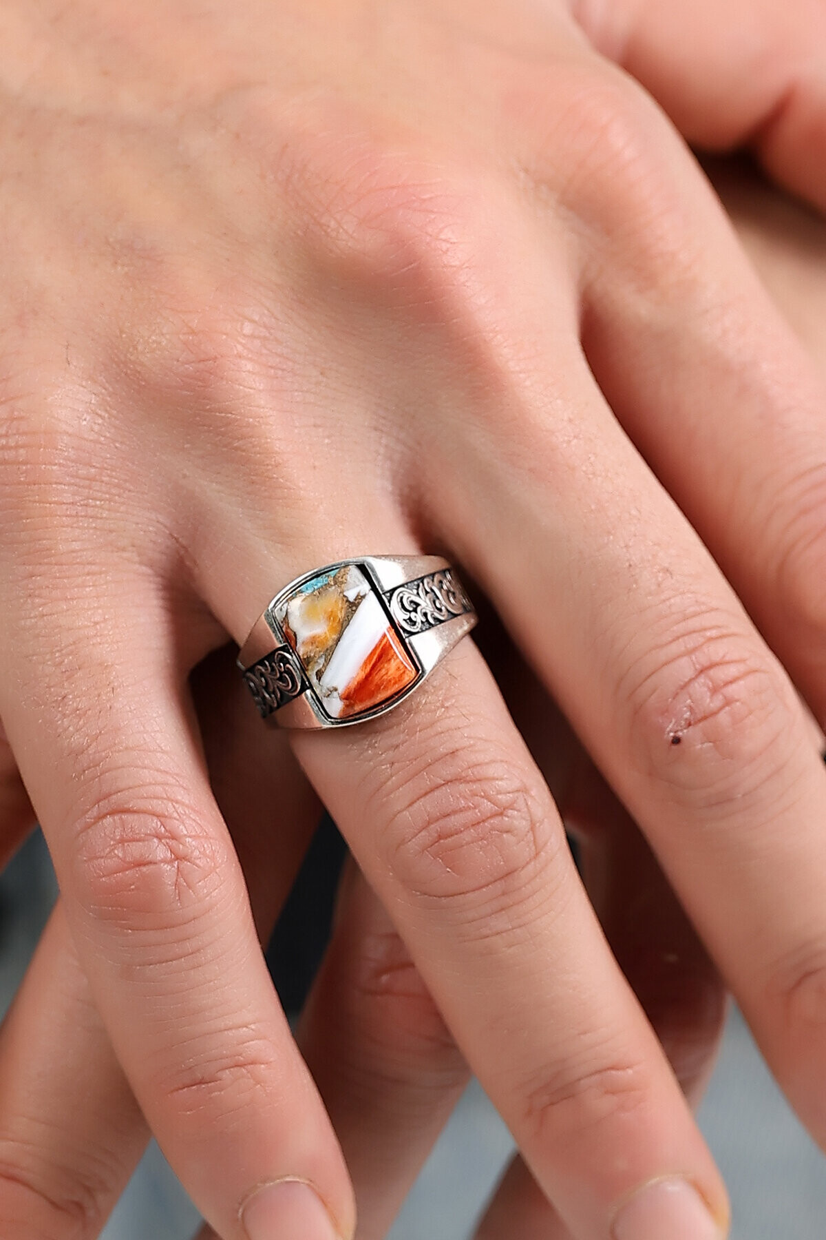 Gümüş Mercan Taşlı İtalyan Yüzük 