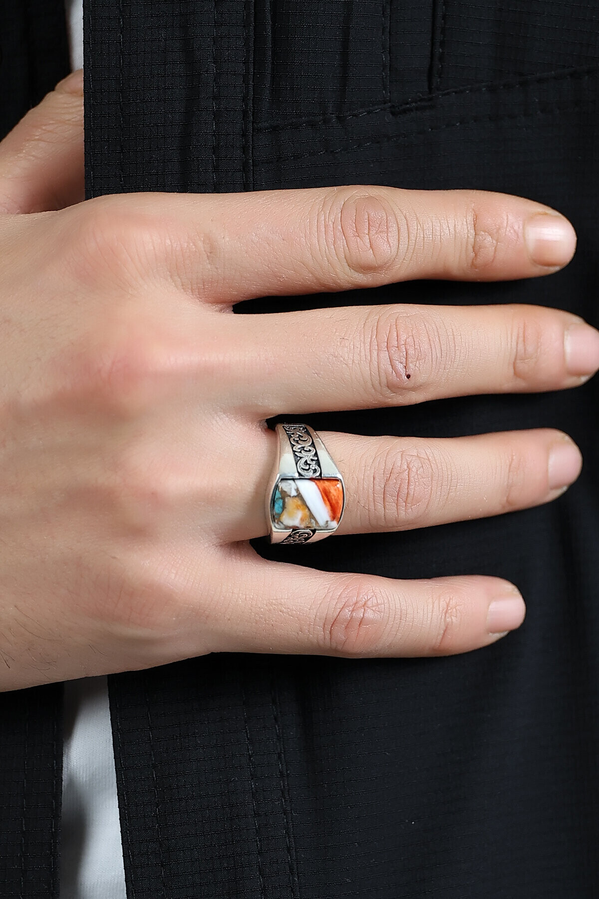 Gümüş Mercan Taşlı İtalyan Yüzük 