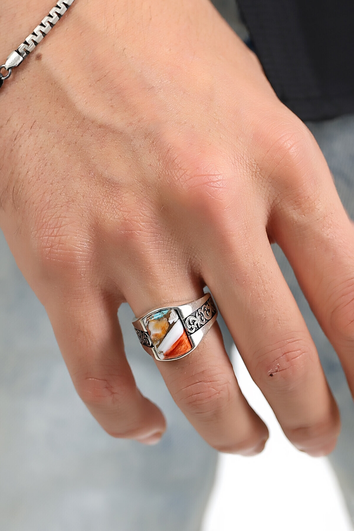 Gümüş Mercan Taşlı İtalyan Yüzük 