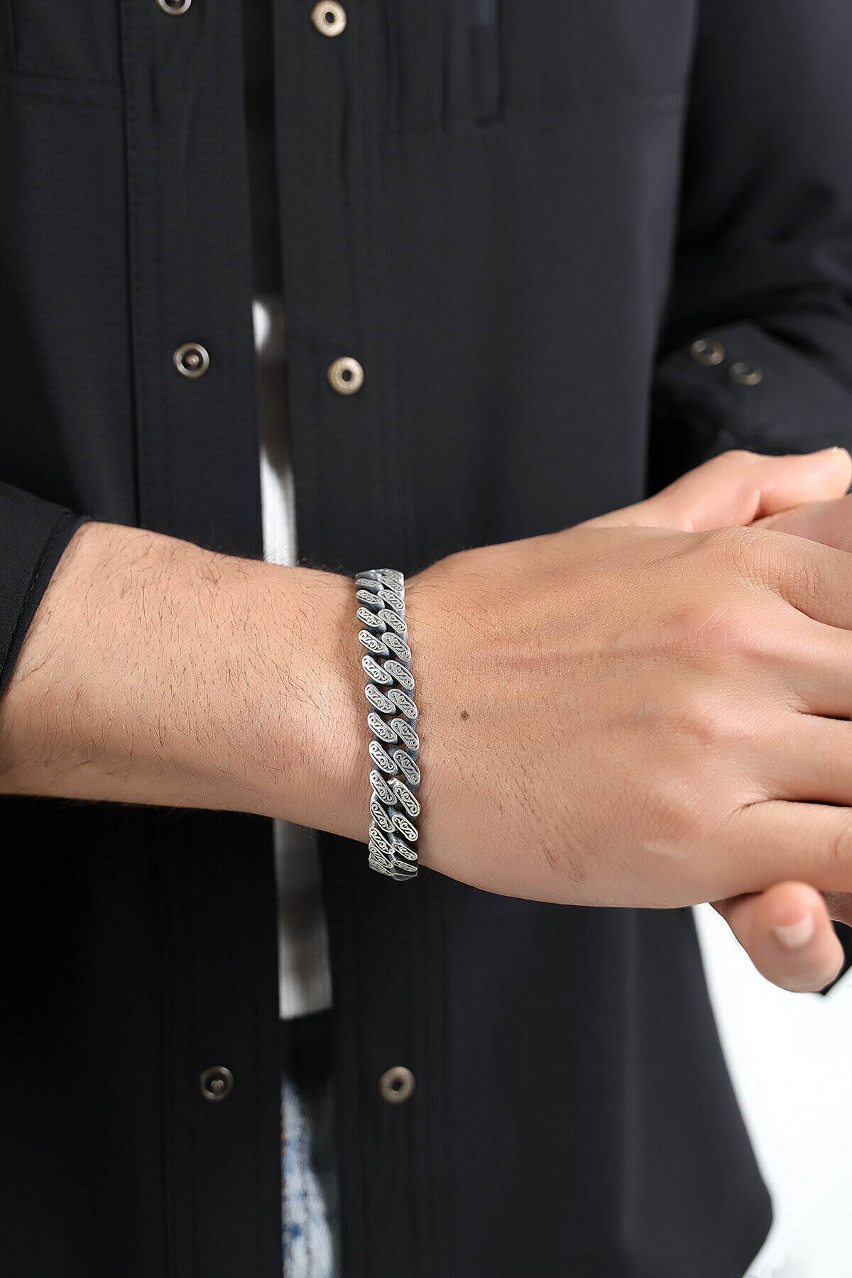 Gümüş Motif Kalemli Erkek Bileklik