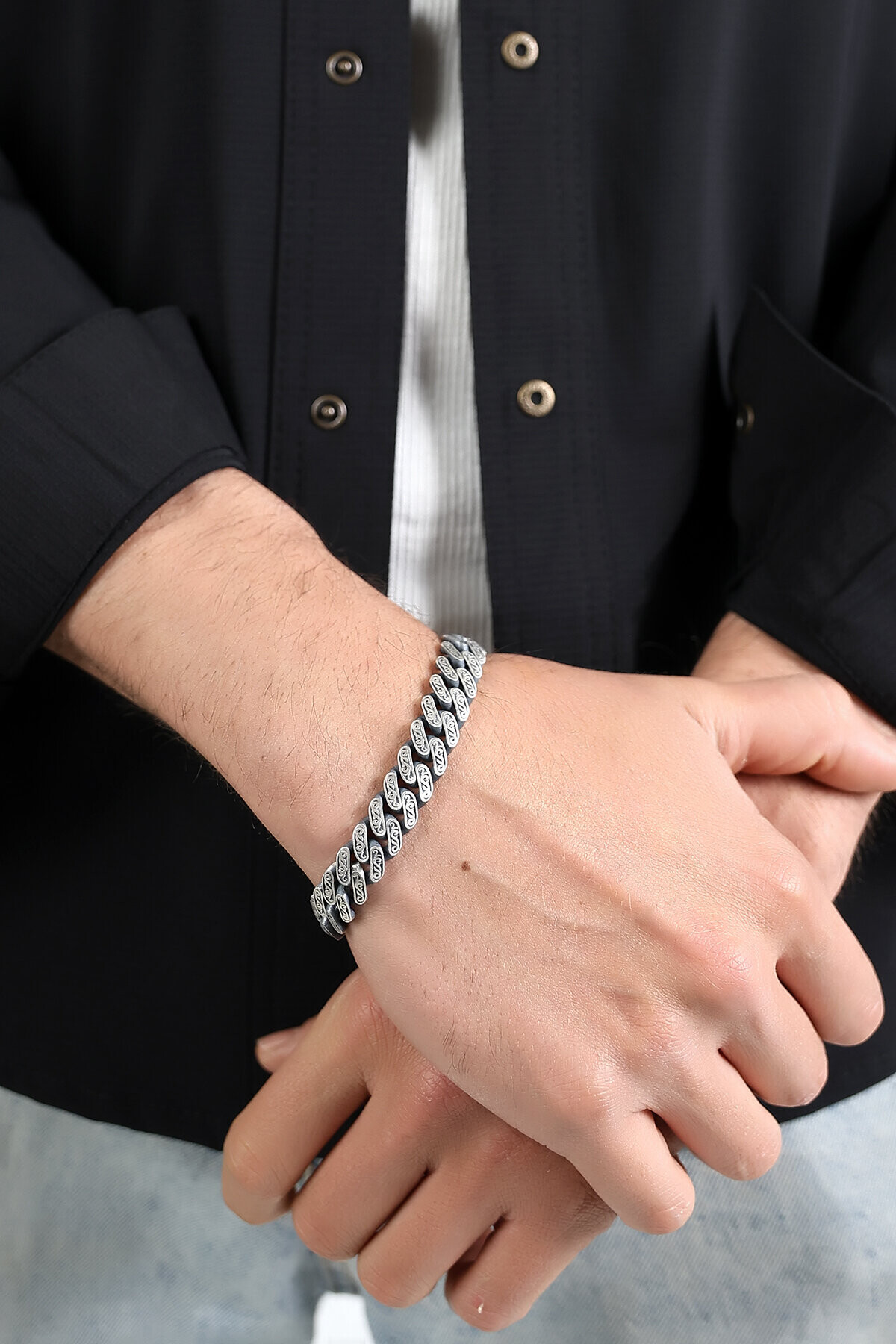 Gümüş Motif Kalemli Erkek Bileklik