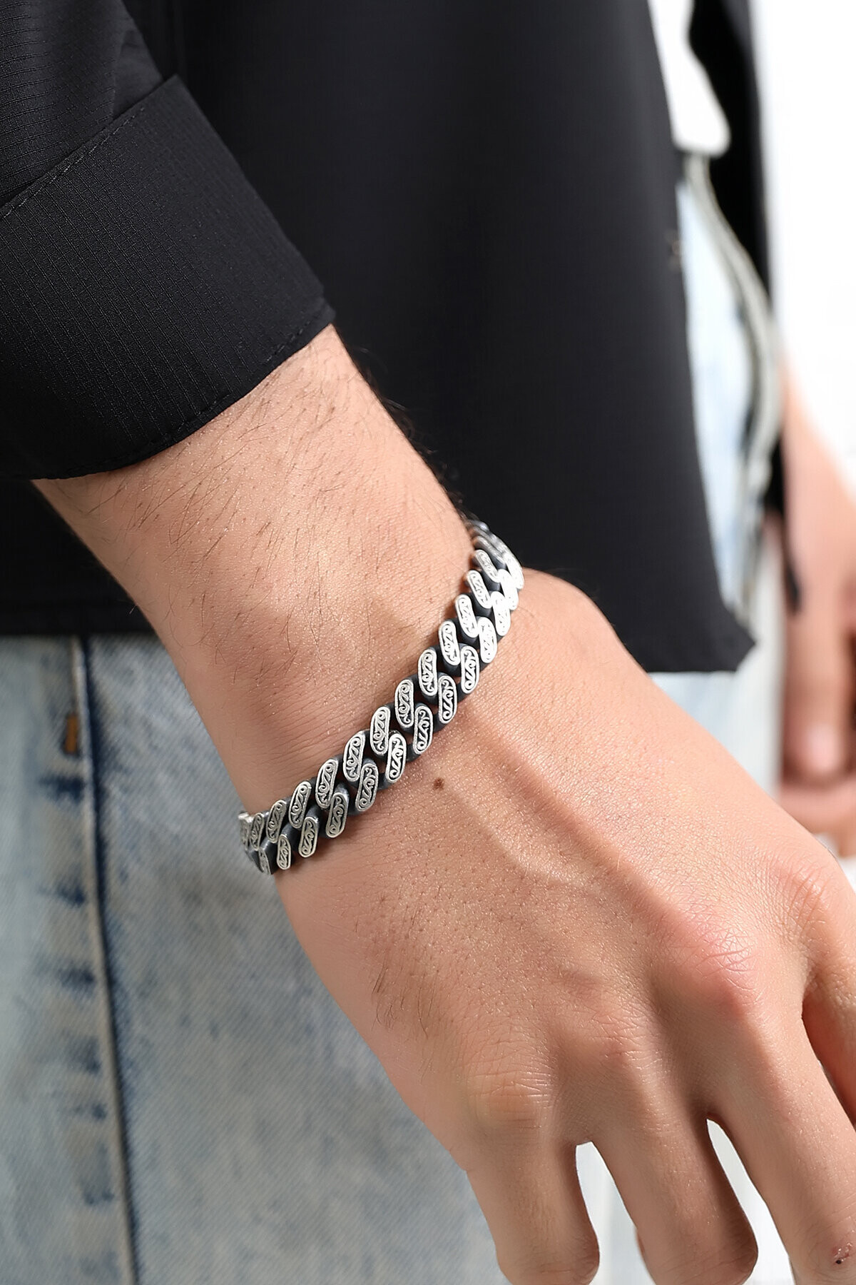 Gümüş Motif Kalemli Erkek Bileklik