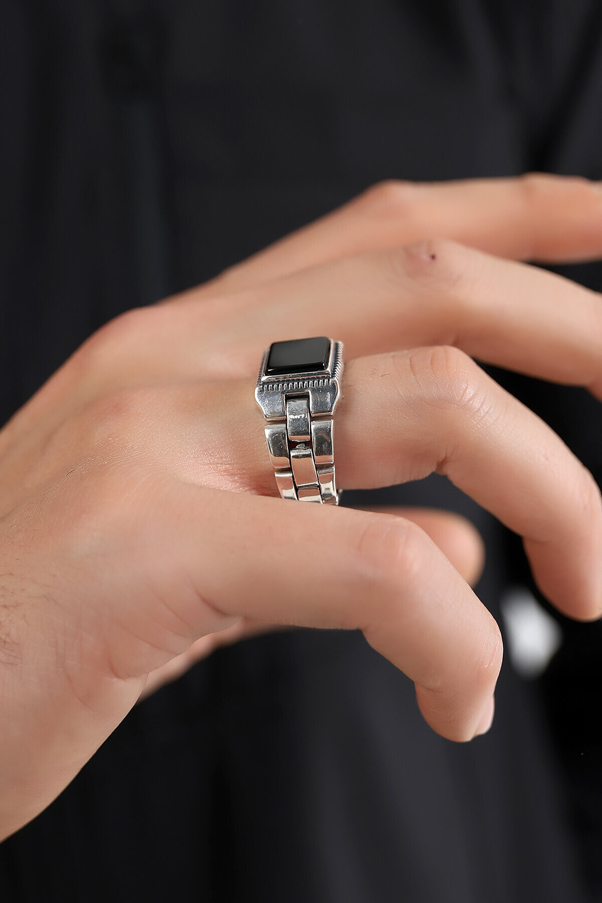 Gümüş Oniks Taşlı Kare Model  Yüzük