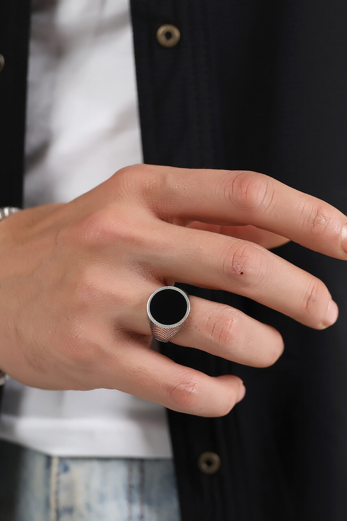 Gümüş Oniks Taşlı Oval Yüzük 