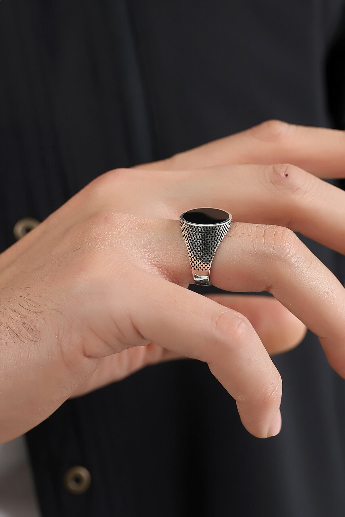 Gümüş Oniks Taşlı Oval Yüzük 