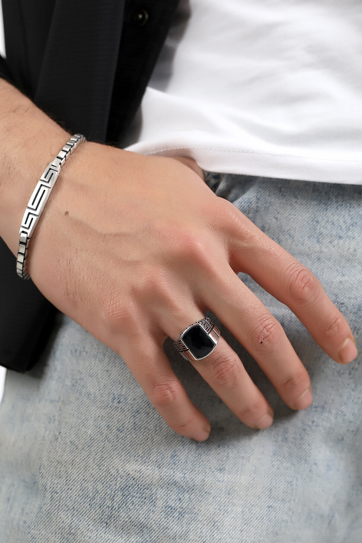 Gümüş Onix Taşlı Grek Desenli Yüzük 