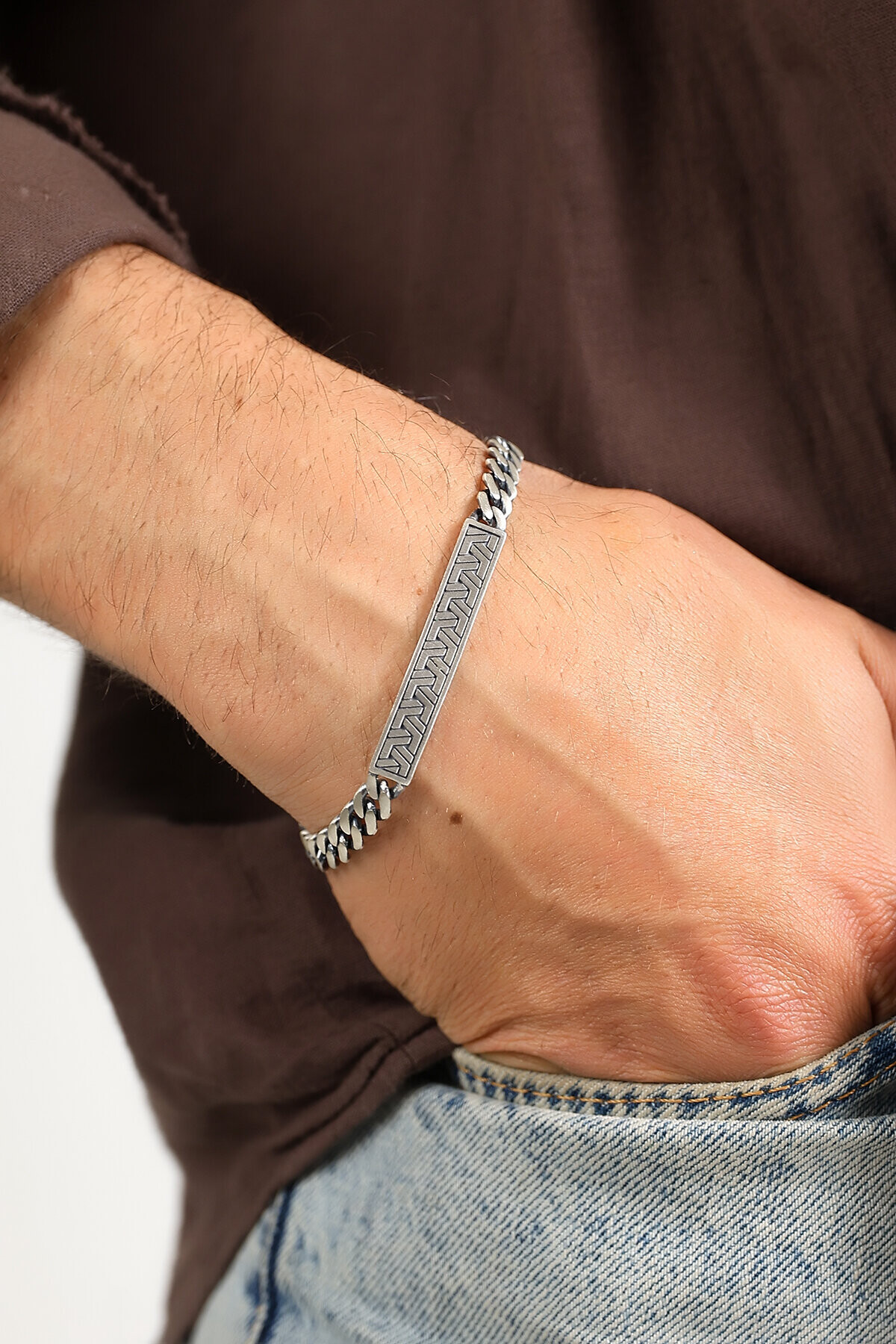 Gümüş Örgü Desenli Gurmet Zincirli Bileklik