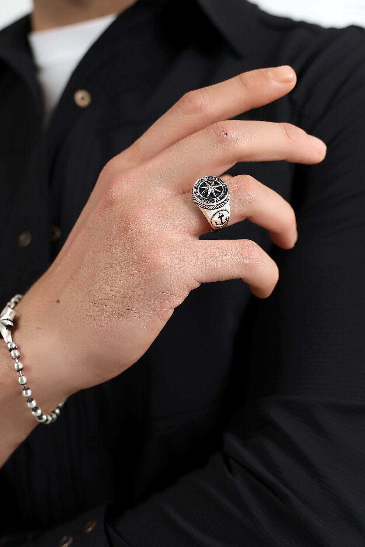 Gümüş Pusula Model Şövalye Yüzük 