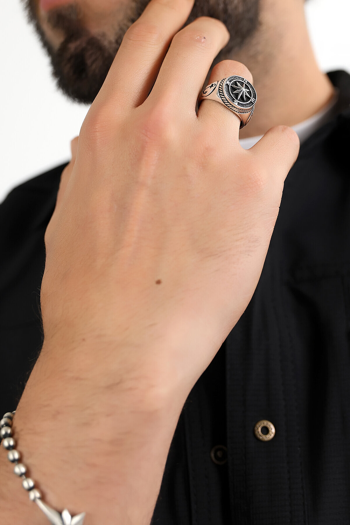 Gümüş Pusula Model Şövalye Yüzük 