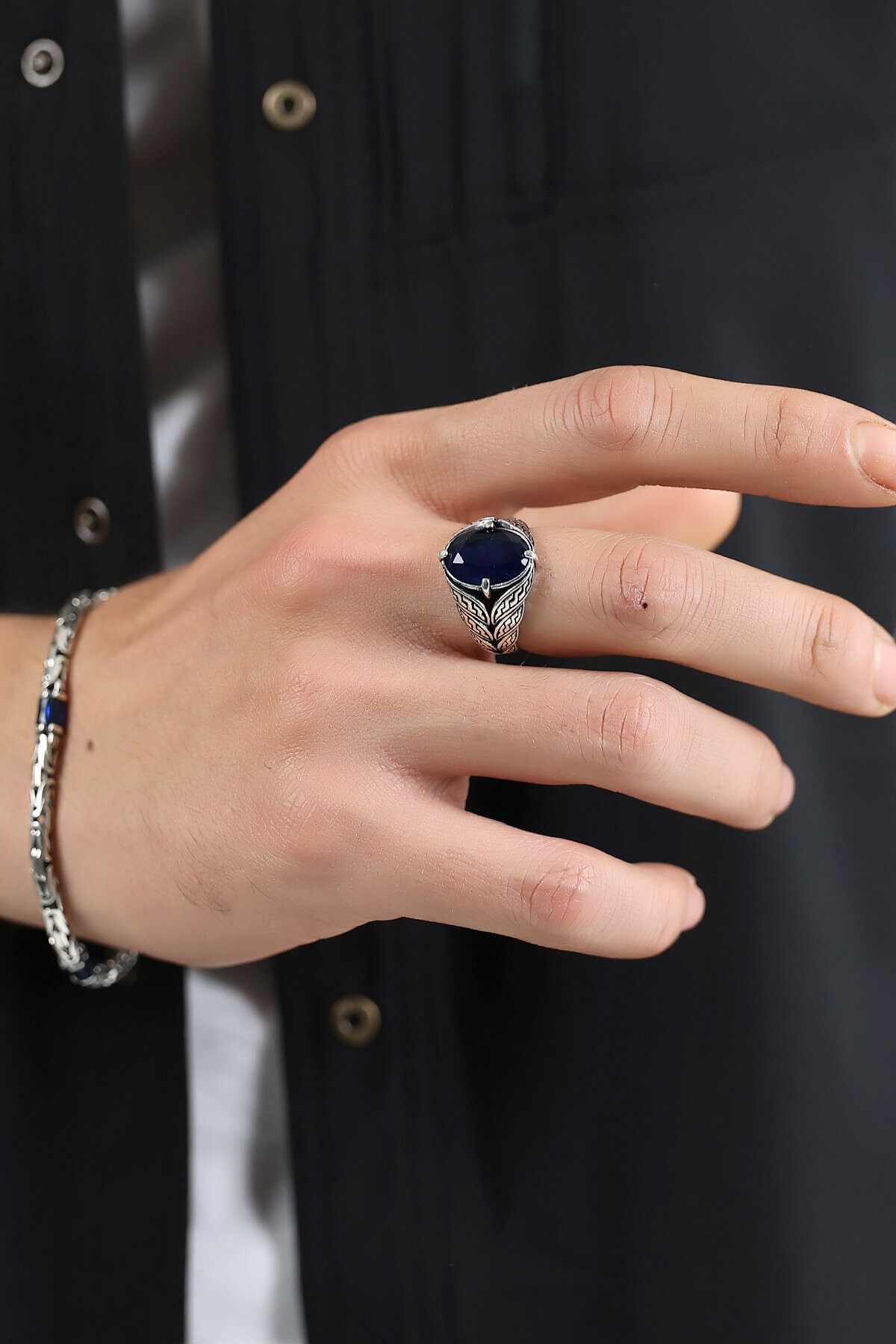 Gümüş Safir Kristal Kesim Erkek Yüzük