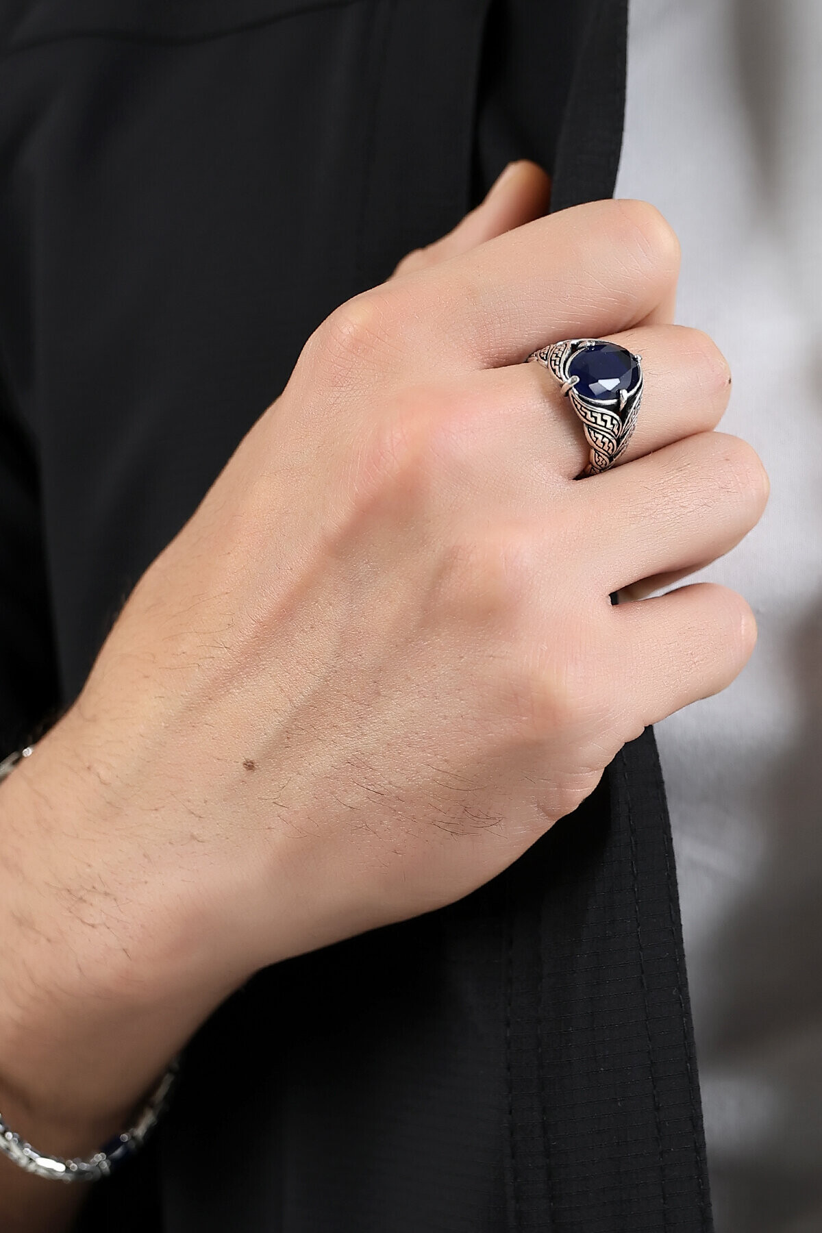 Gümüş Safir Kristal Kesim Erkek Yüzük