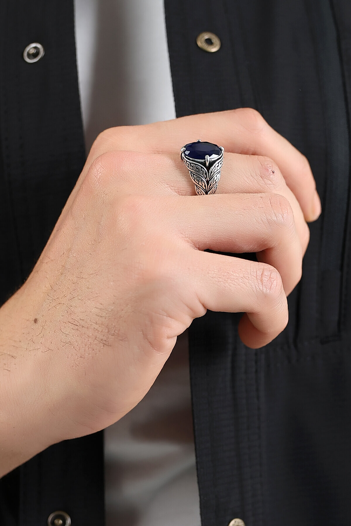 Gümüş Safir Kristal Kesim Erkek Yüzük