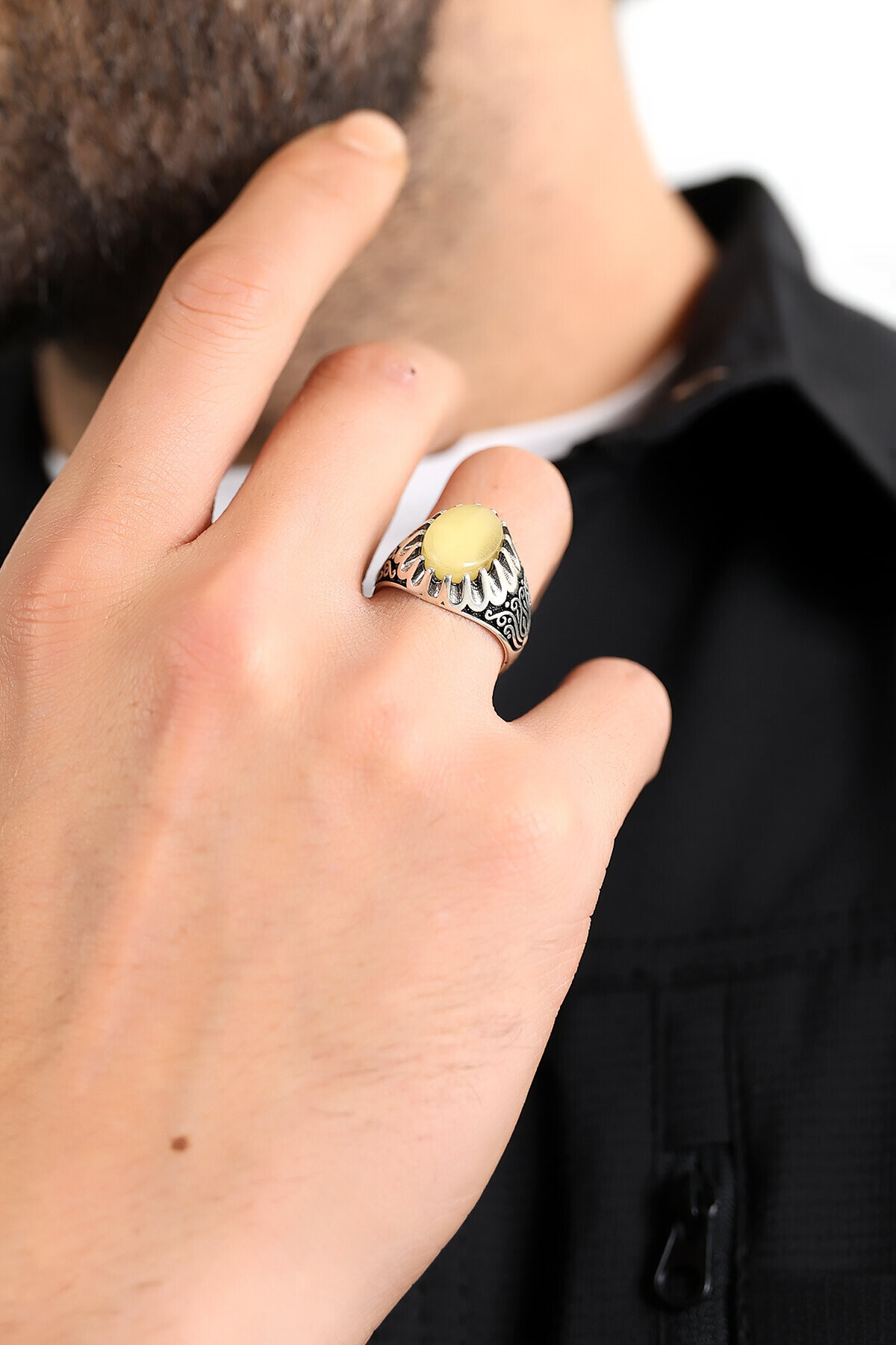 Gümüş Sarmaşık Kehribar Yüzük 