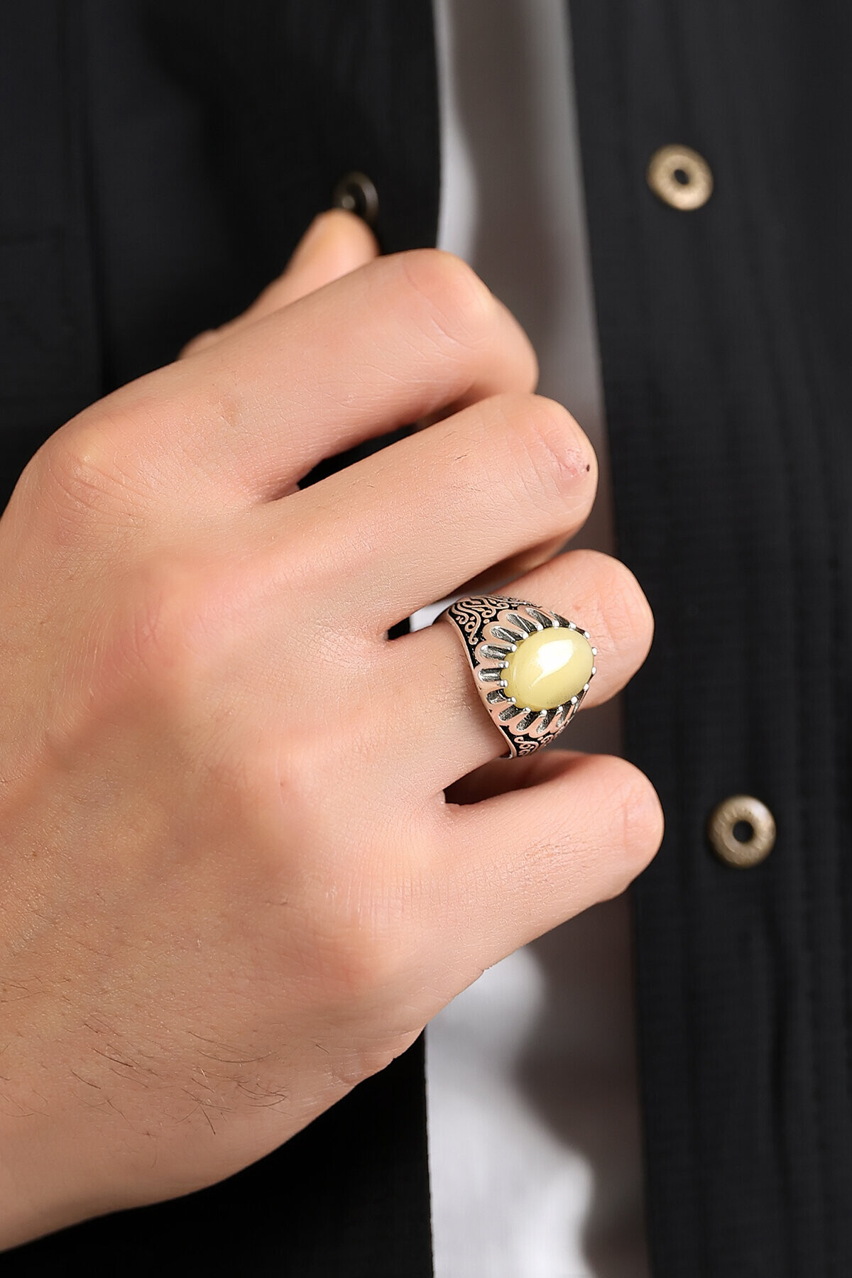 Gümüş Sarmaşık Kehribar Yüzük 