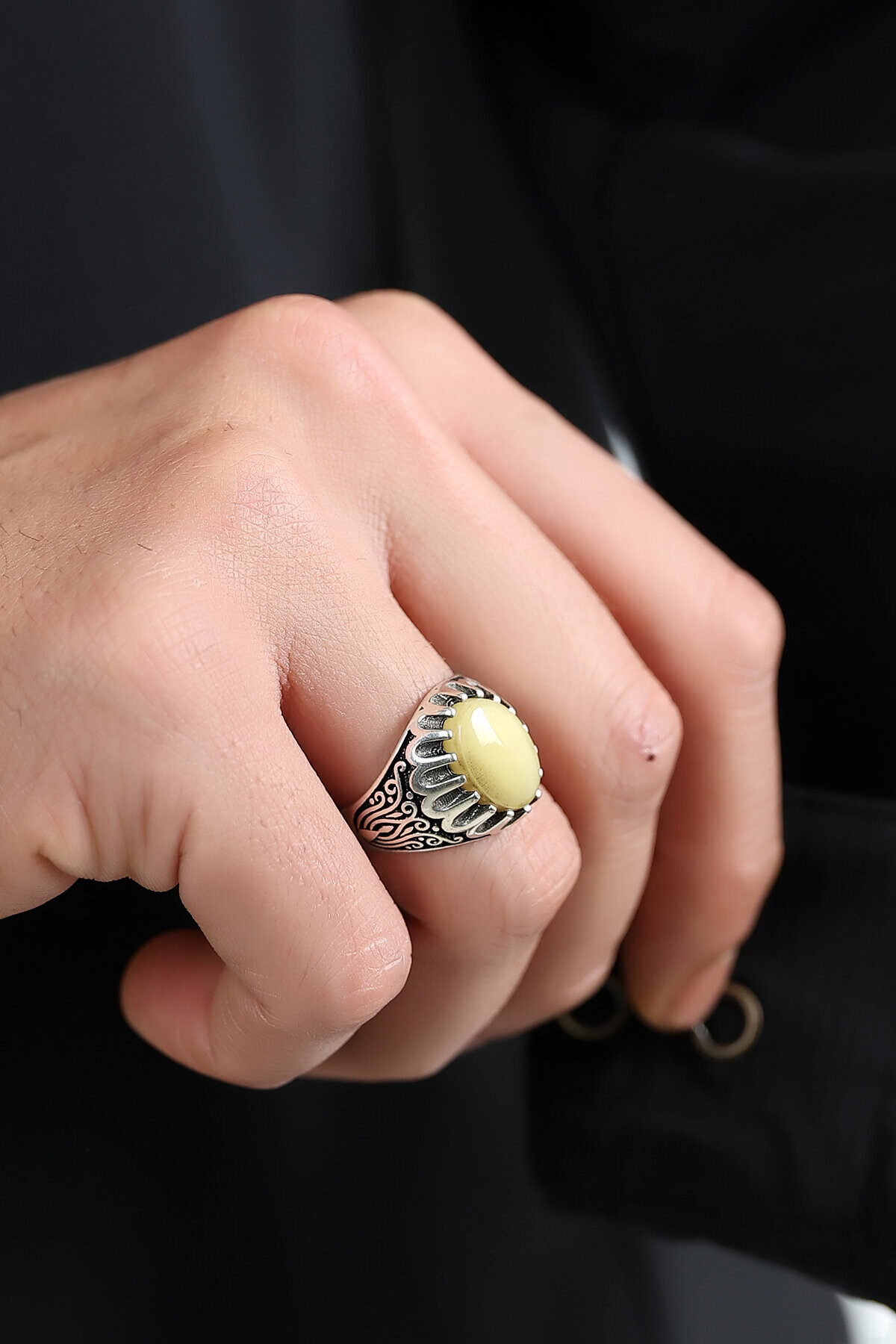 Gümüş Sarmaşık Kehribar Yüzük 