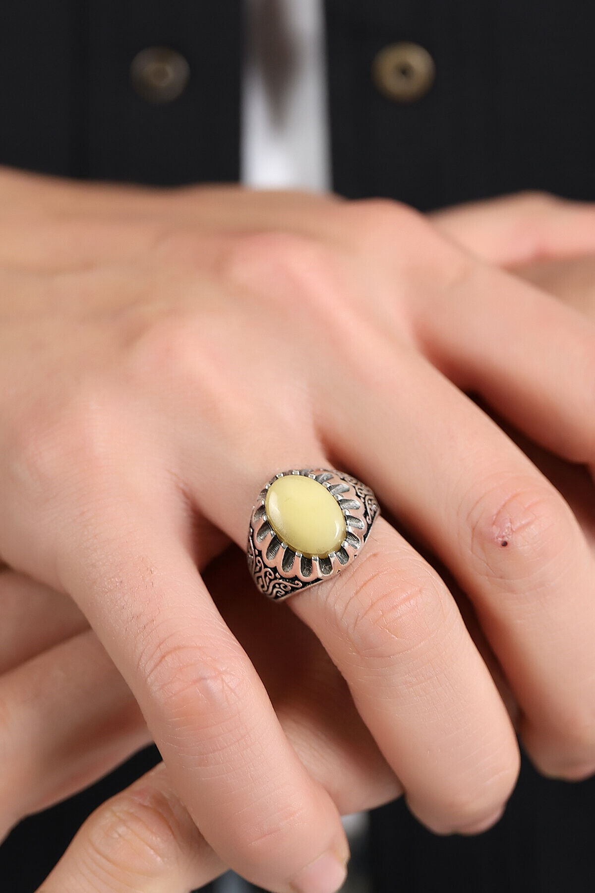 Gümüş Sarmaşık Kehribar Yüzük 