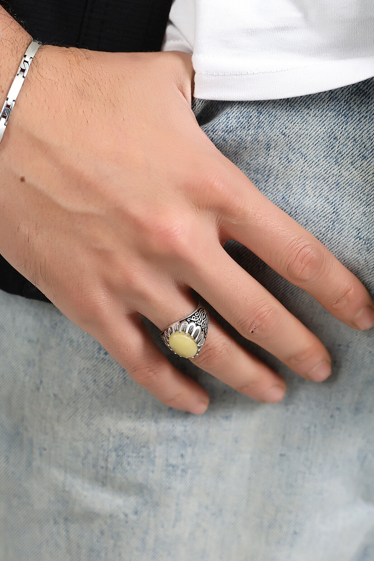 Gümüş Sarmaşık Kehribar Yüzük 