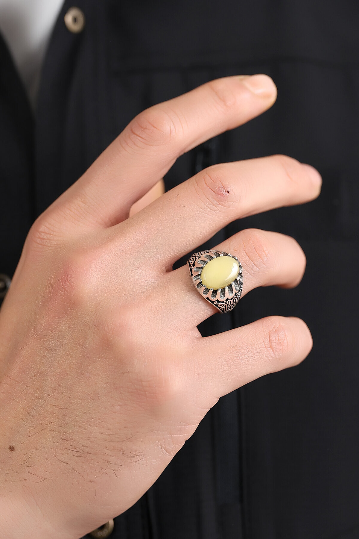 Gümüş Sarmaşık Kehribar Yüzük 