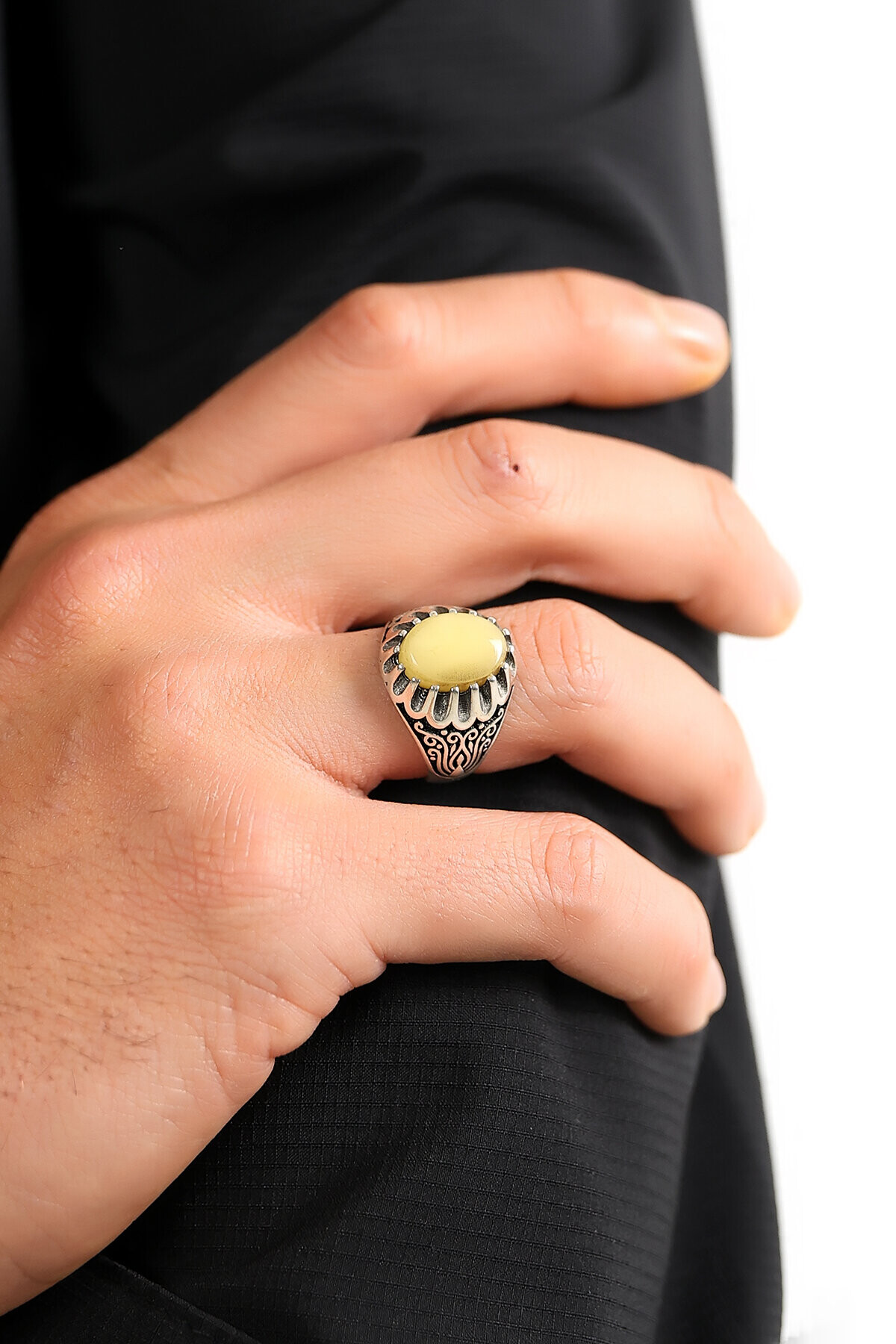 Gümüş Sarmaşık Kehribar Yüzük 