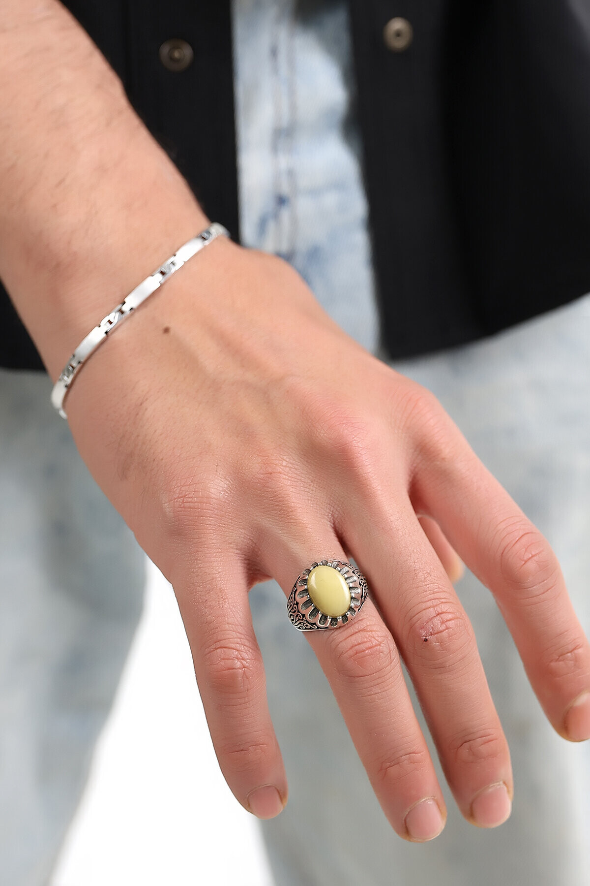 Gümüş Sarmaşık Kehribar Yüzük 