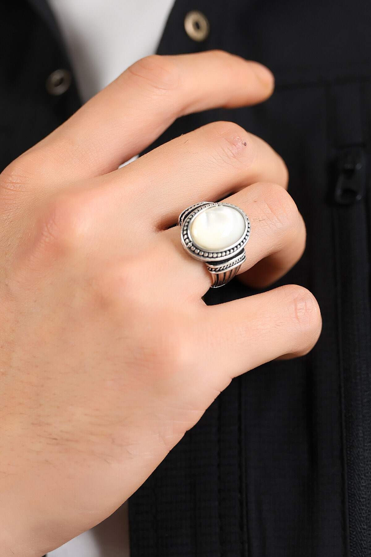 Gümüş Sedef Taşlı Desenli Yüzük