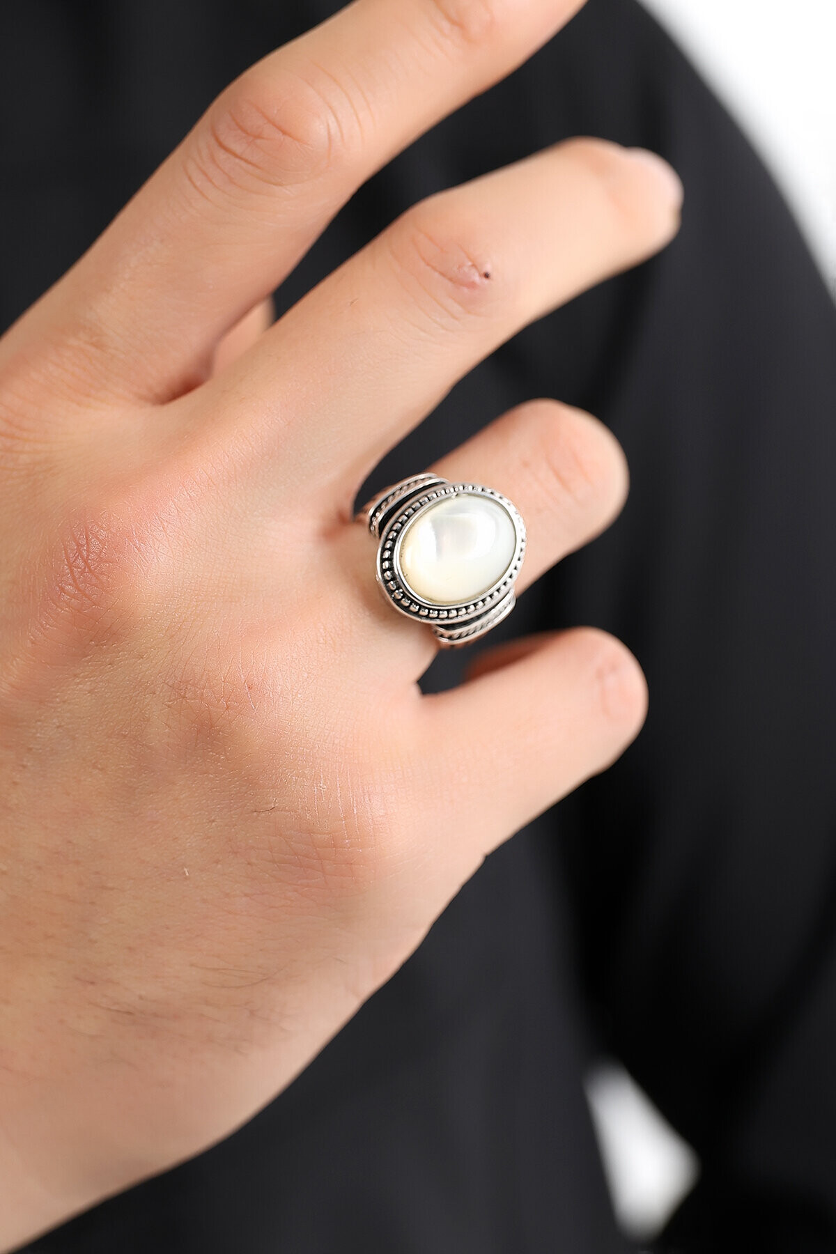 Gümüş Sedef Taşlı Desenli Yüzük