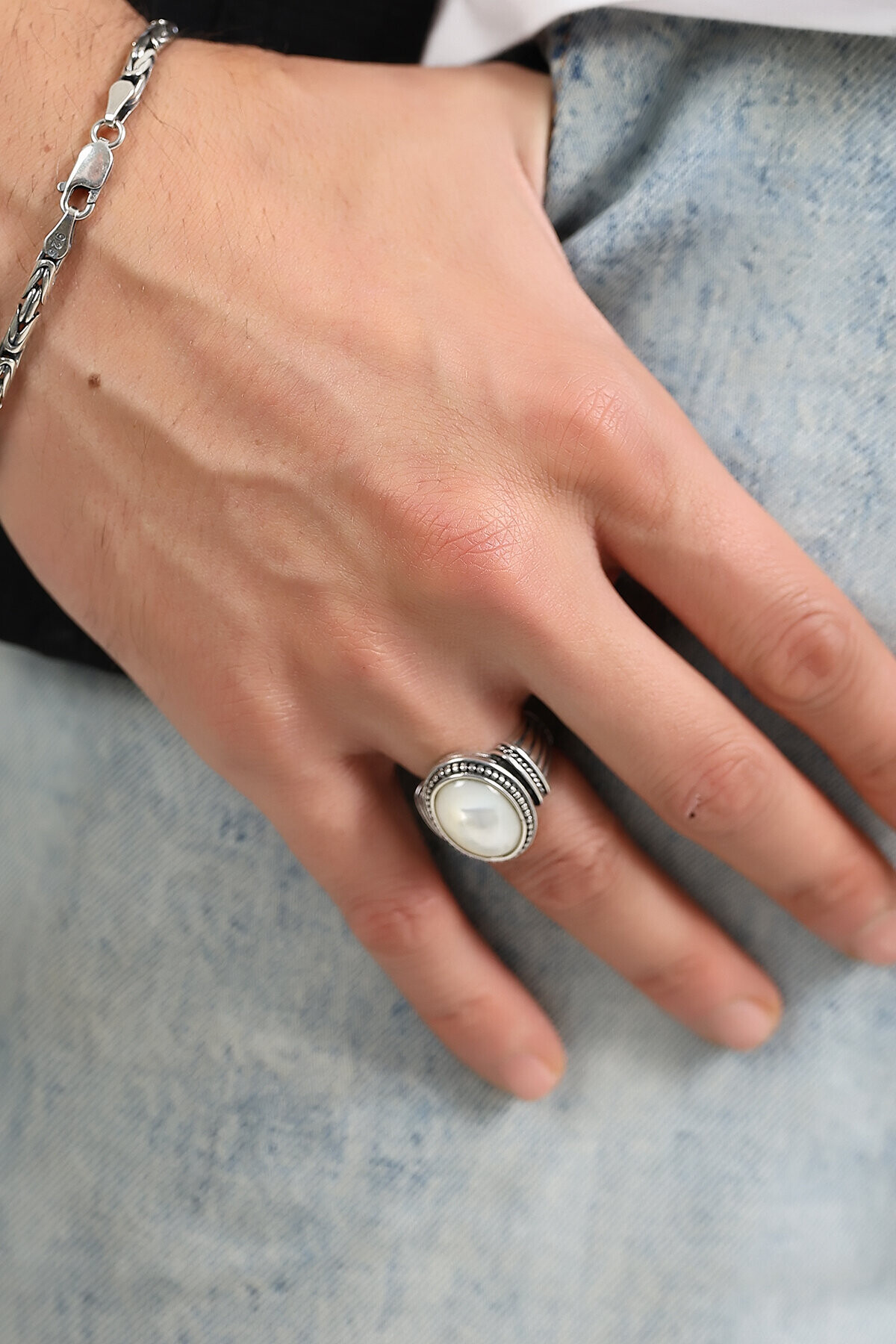 Gümüş Sedef Taşlı Desenli Yüzük