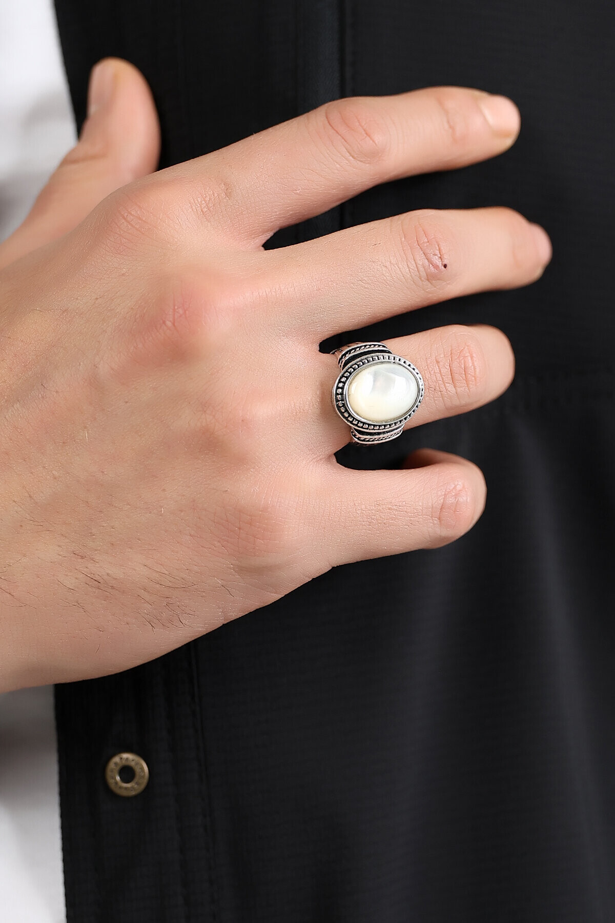 Gümüş Sedef Taşlı Desenli Yüzük