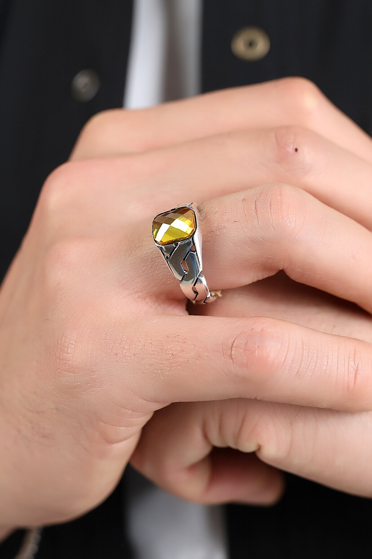 Gümüş Sitrin Taşlı Zincir Kollu Yüzük