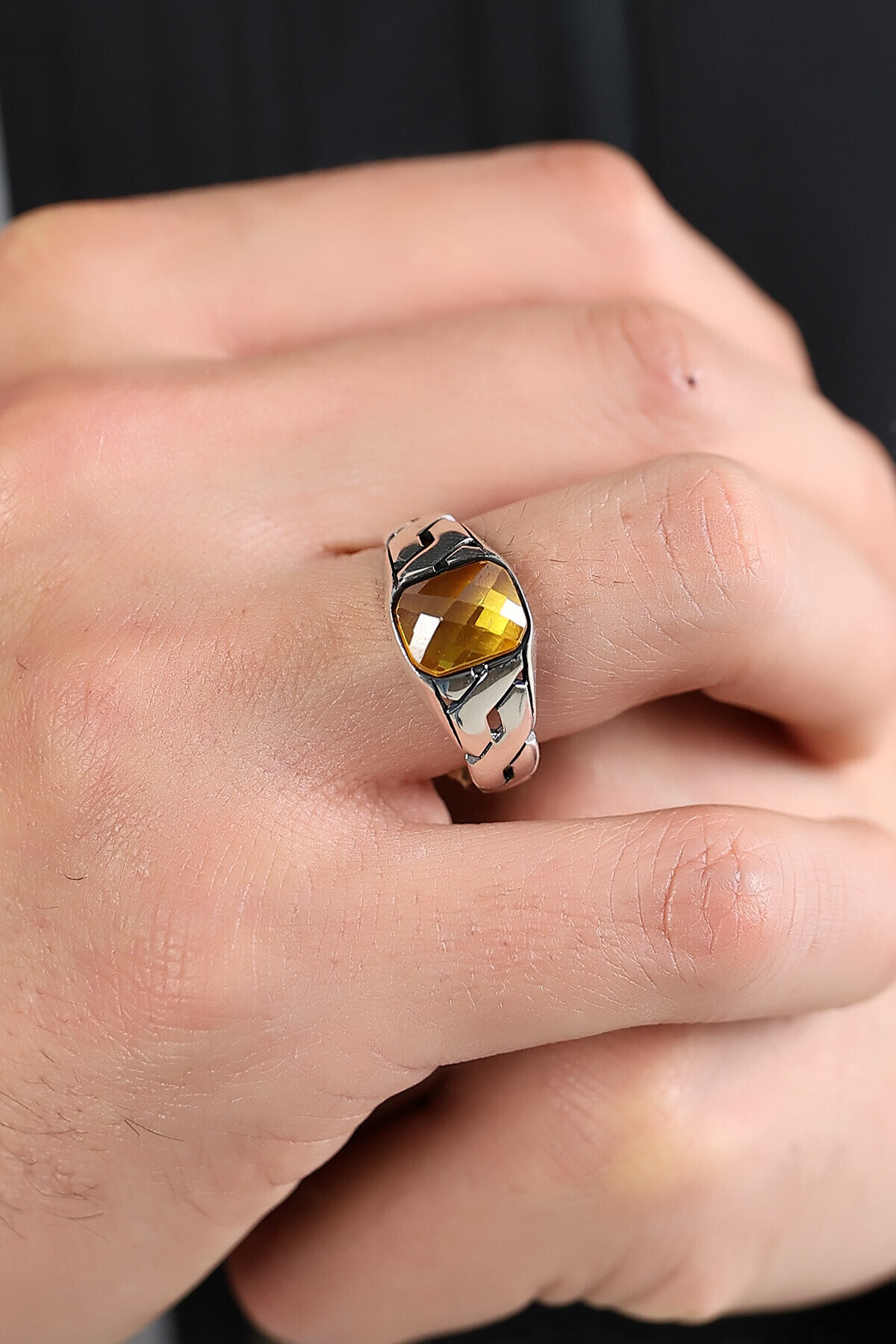 Gümüş Sitrin Taşlı Zincir Kollu Yüzük