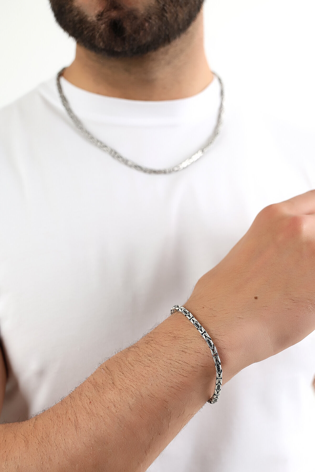 Gümüş Siyah Taşlı Oksit Kaplama Erkek Bileklik