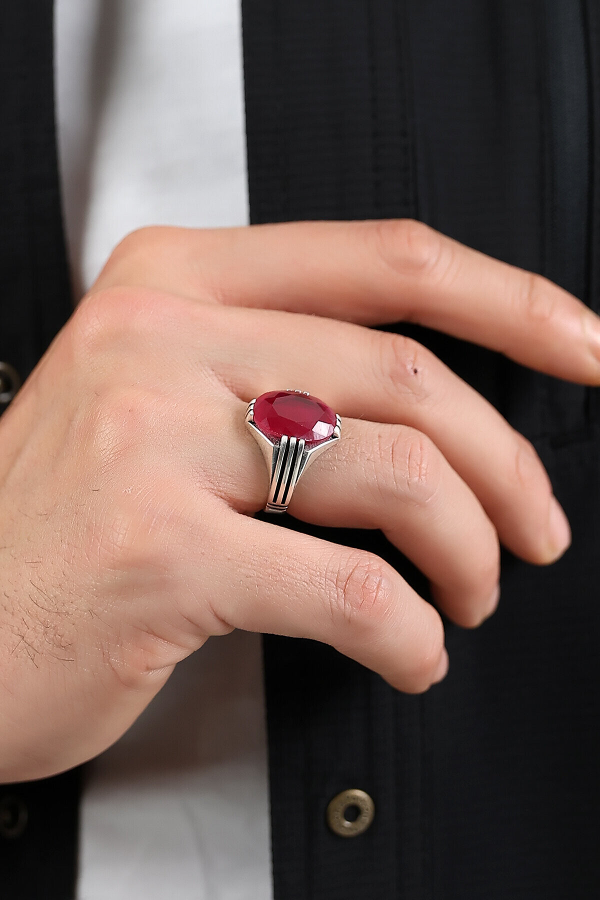 Gümüş Yakut Renkli Oval Kesim Erkek Yüzük 