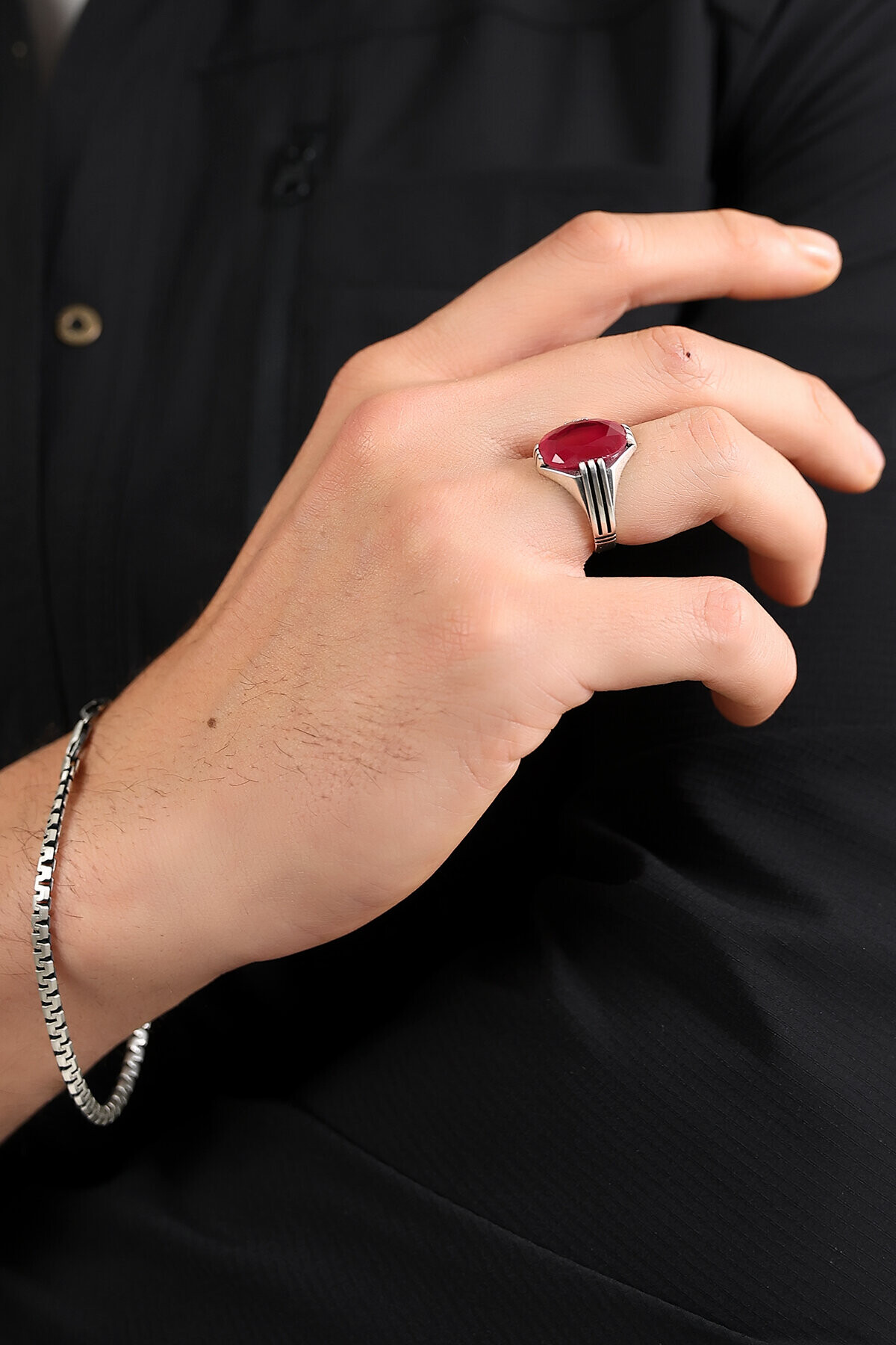 Gümüş Yakut Renkli Oval Kesim Erkek Yüzük 