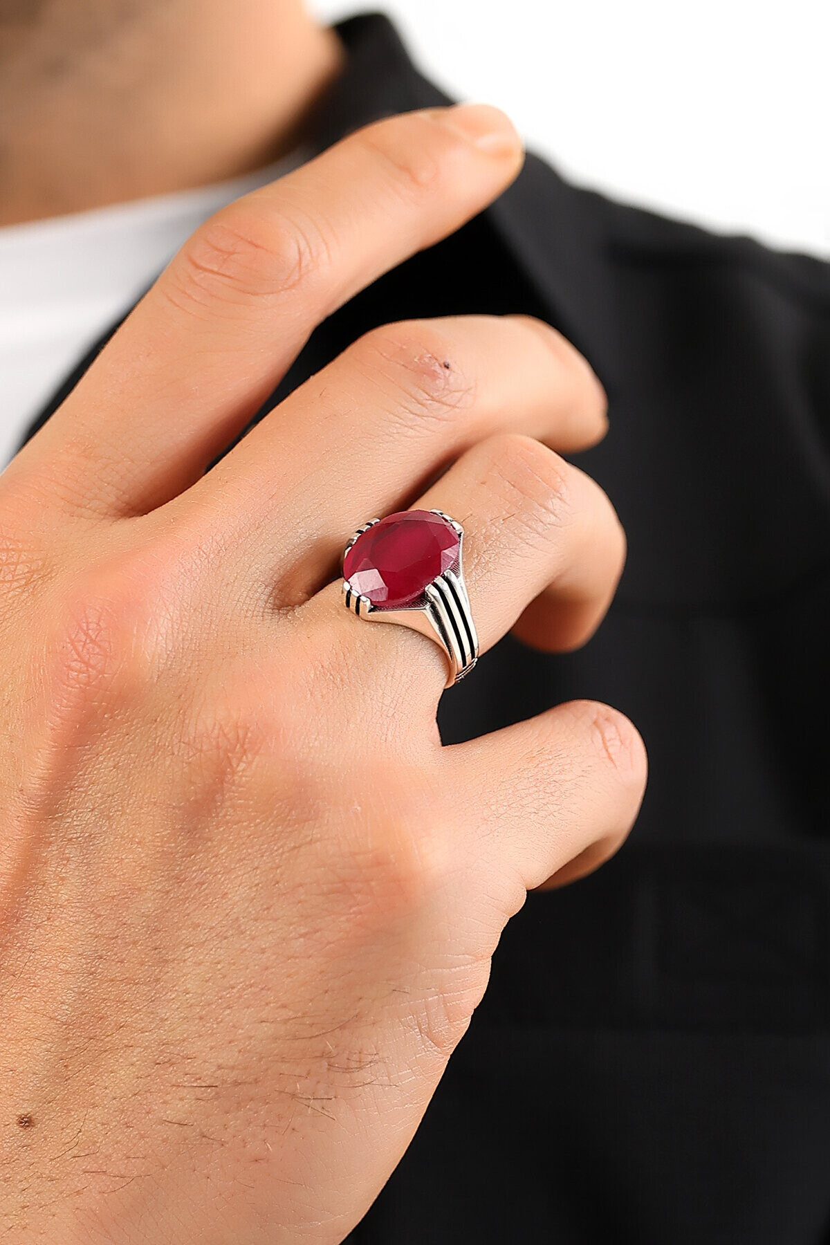 Gümüş Yakut Renkli Oval Kesim Erkek Yüzük 