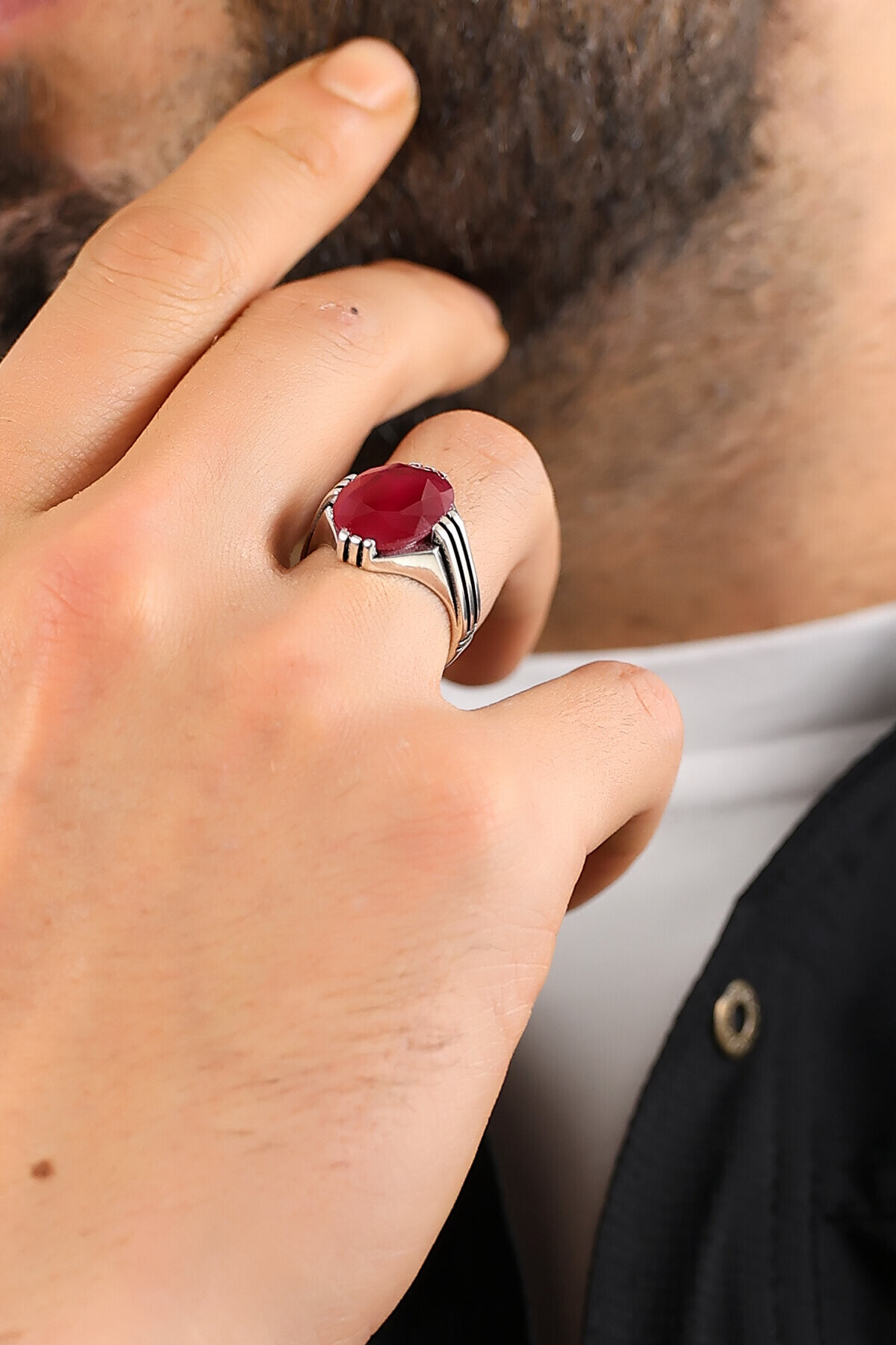 Gümüş Yakut Renkli Oval Kesim Erkek Yüzük 