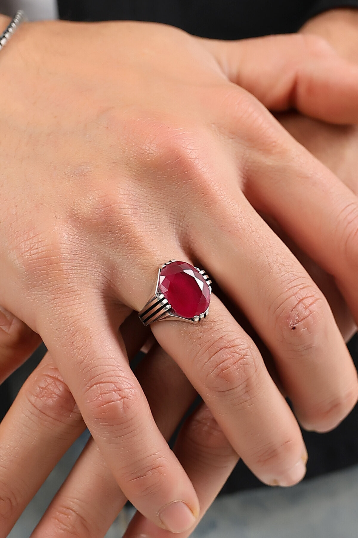 Gümüş Yakut Renkli Oval Kesim Erkek Yüzük 