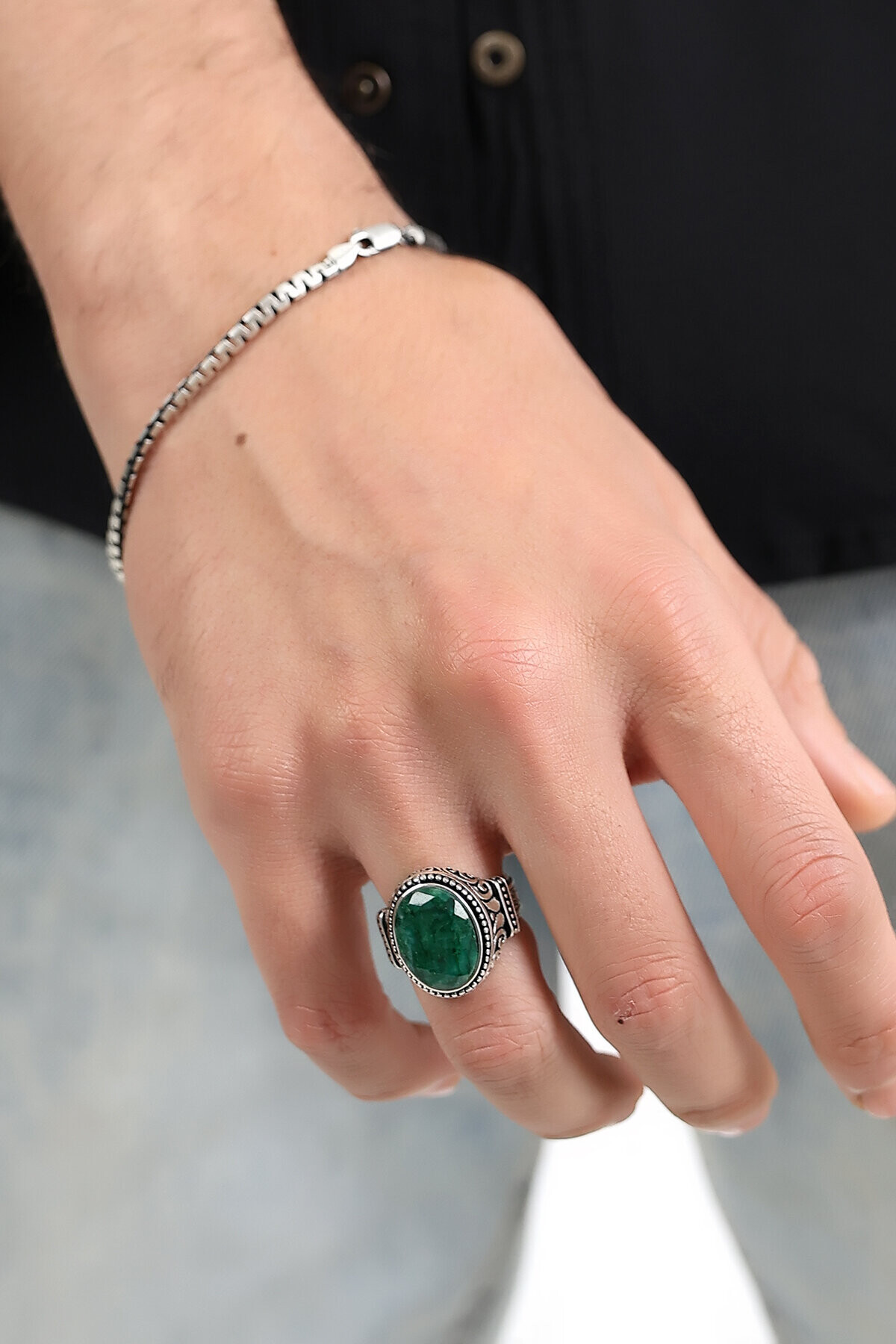 Gümüş Zümrüt Taşlı Oval Kesim Erkek Yüzük 