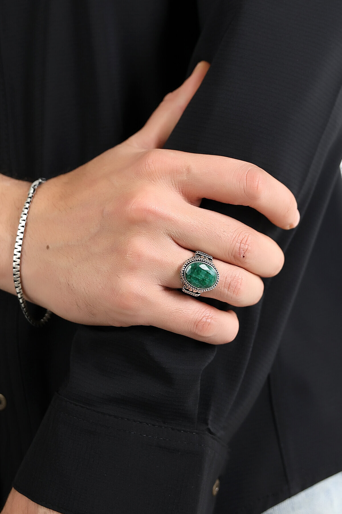 Gümüş Zümrüt Taşlı Oval Kesim Erkek Yüzük 