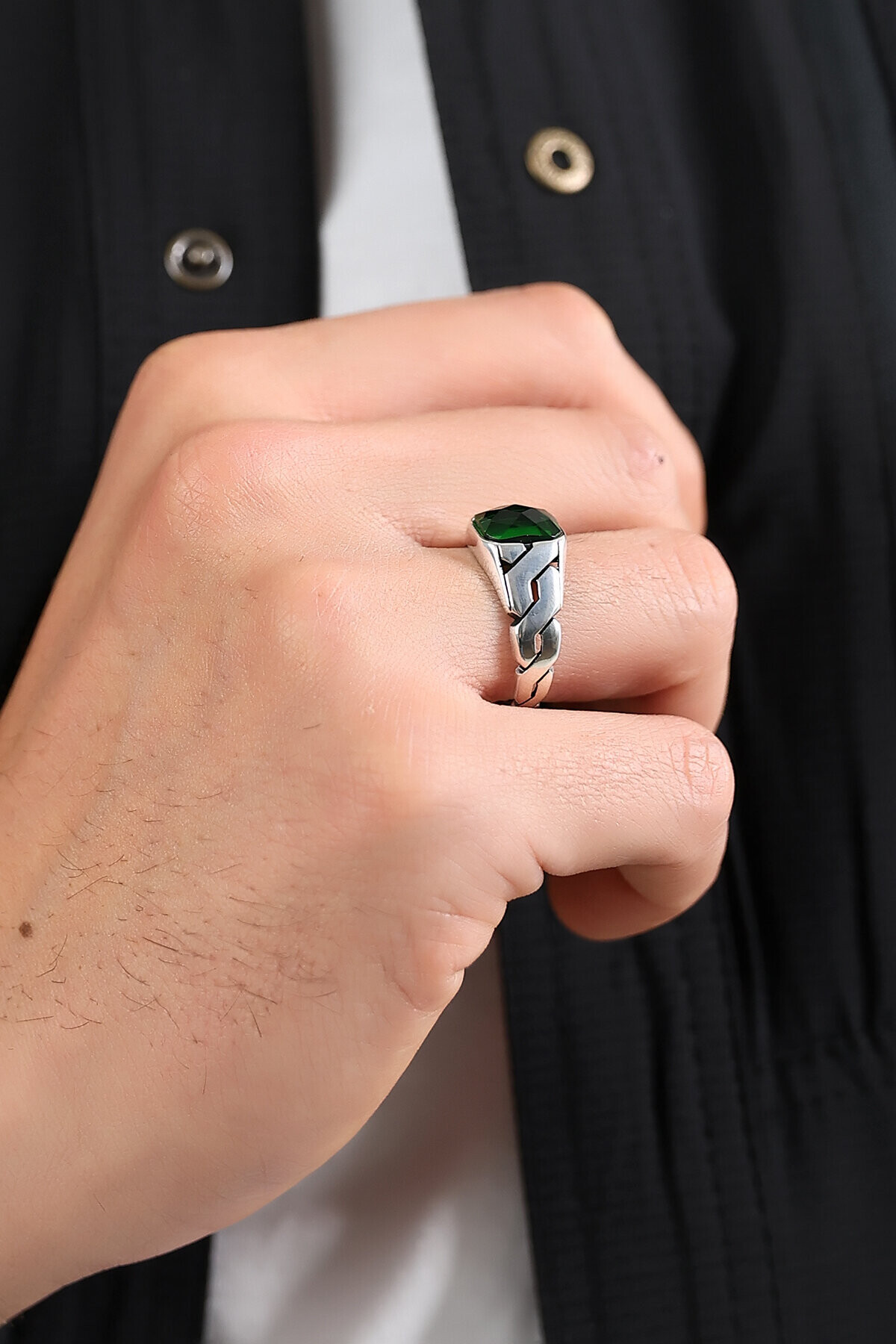 Gümüş Zümrüt Taşlı Oval Kesim Erkek Yüzük 