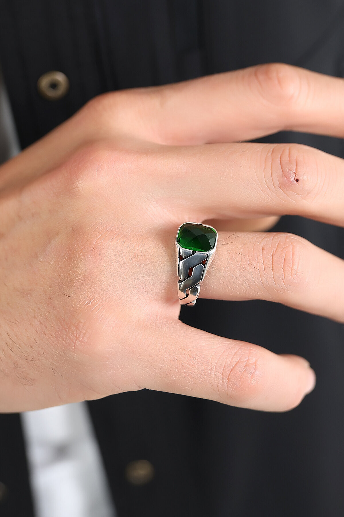 Gümüş Zümrüt Taşlı Oval Kesim Erkek Yüzük 