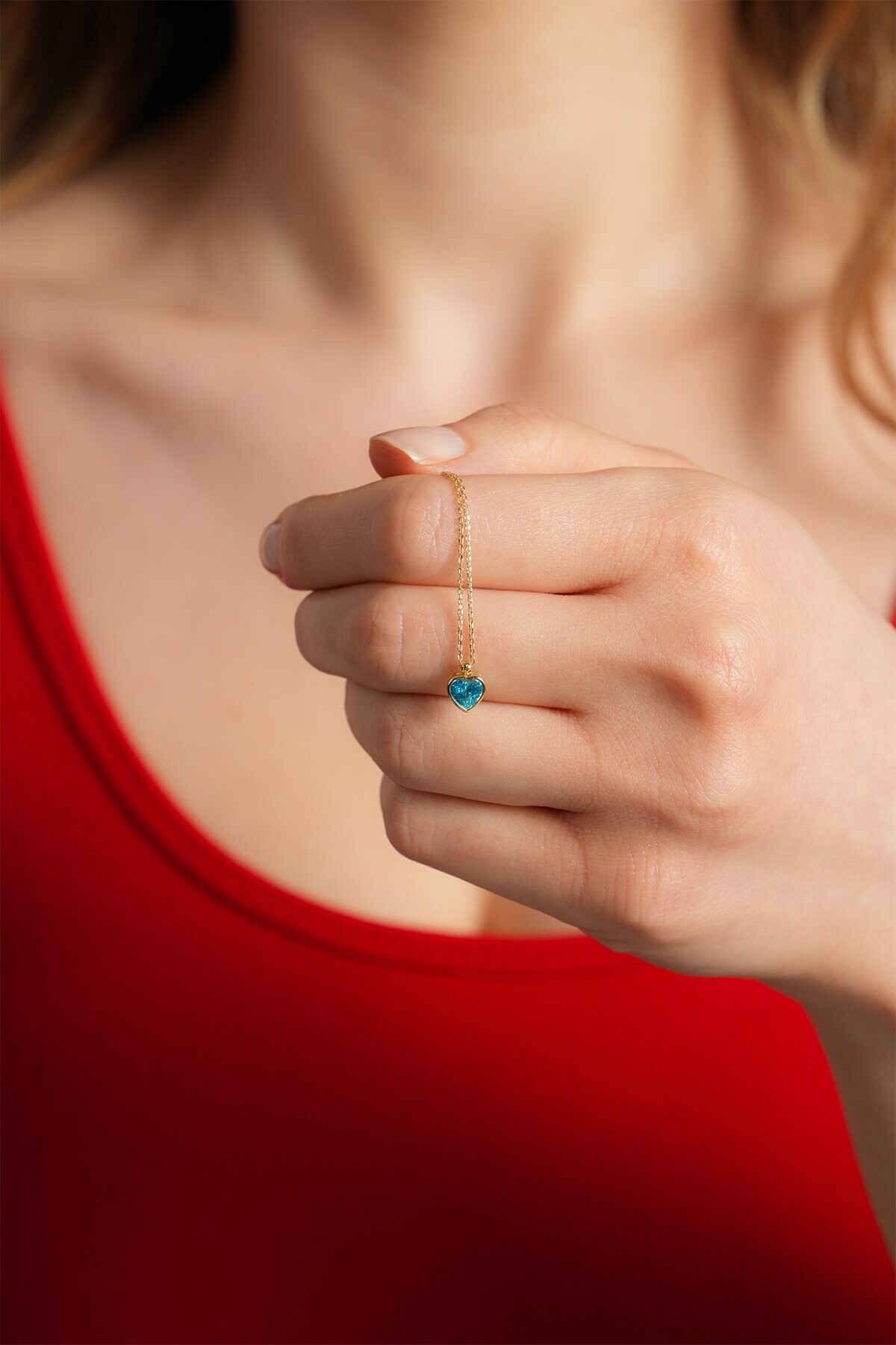 14 Ayar Altın Mavi Kalp Kolye